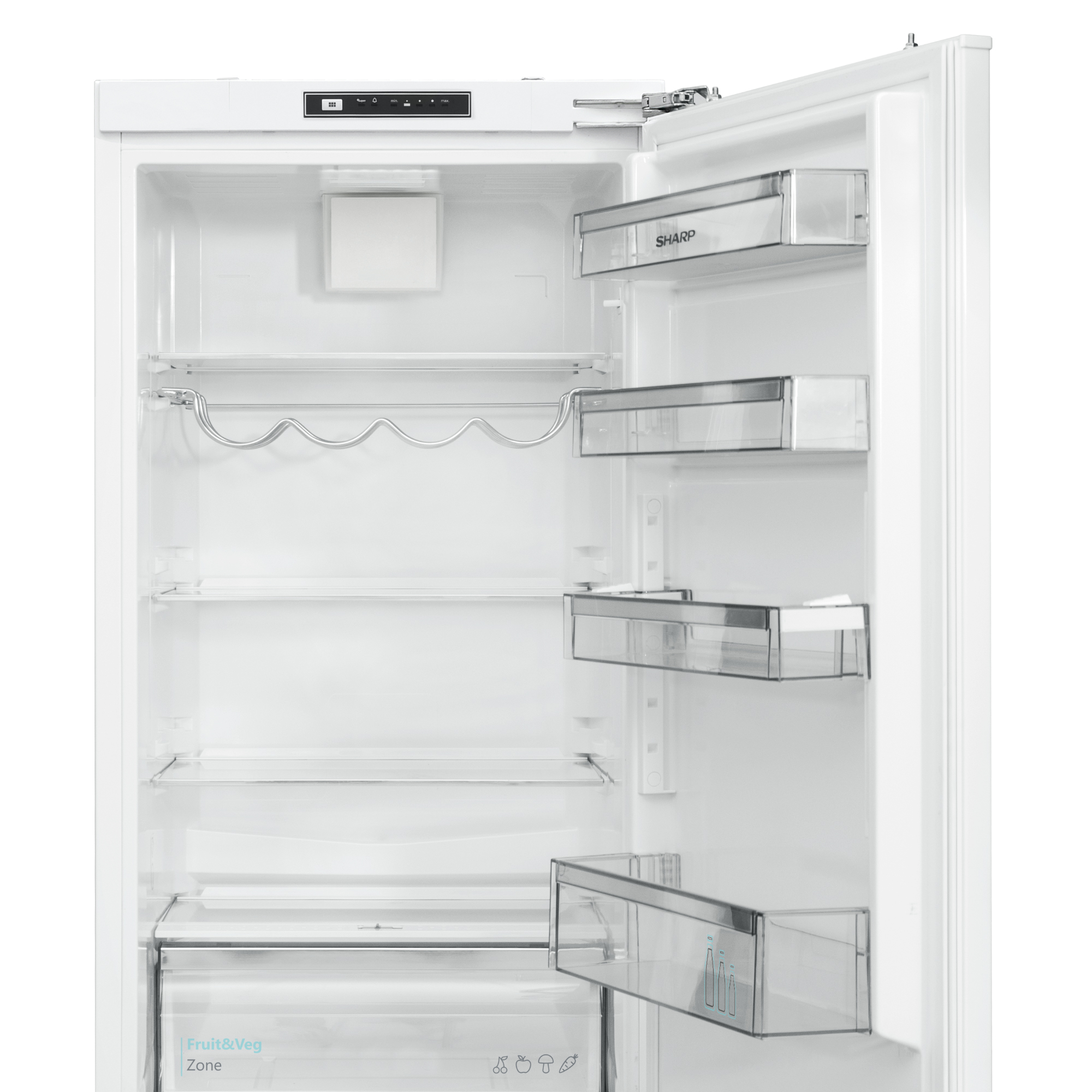 Ein leerer weißer Kühlschrank mit offenen Türen, Glasregalen und Fächern.