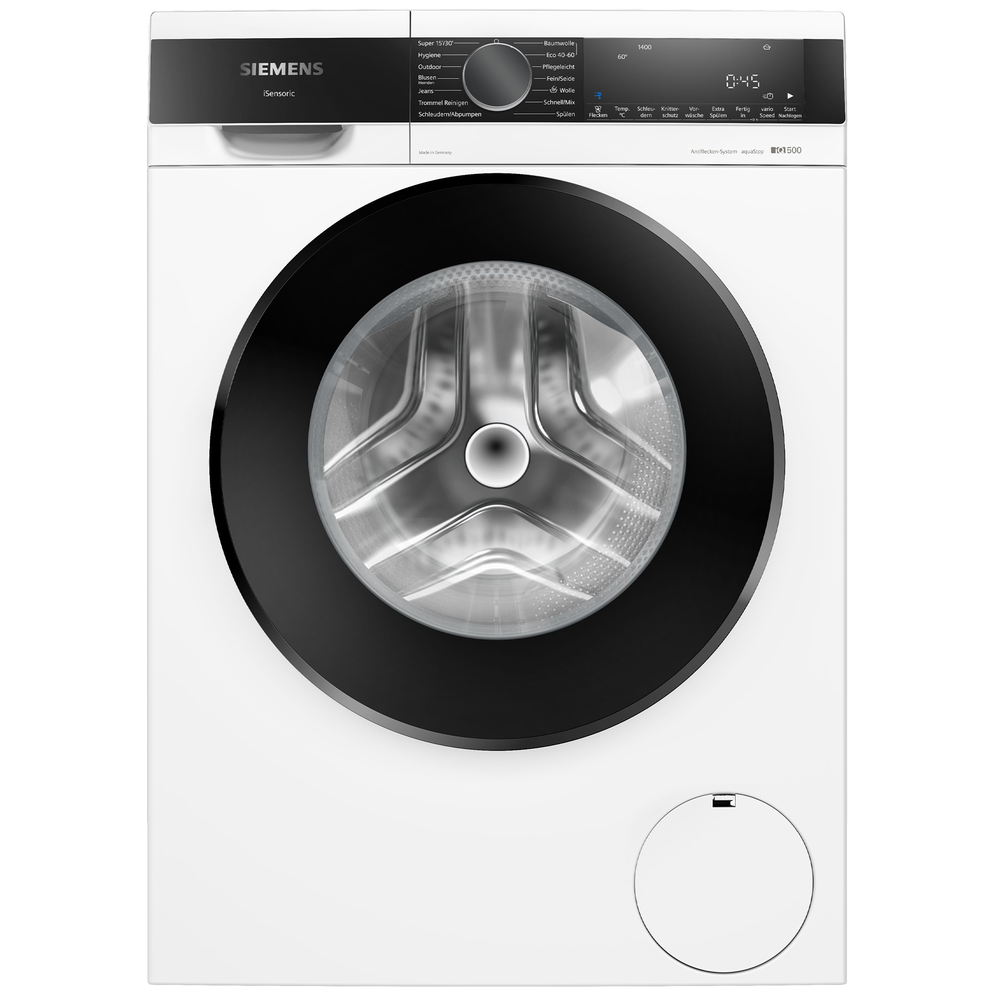 Eine weiße Siemens Waschmaschine mit schwarzem Bullauge und Display.