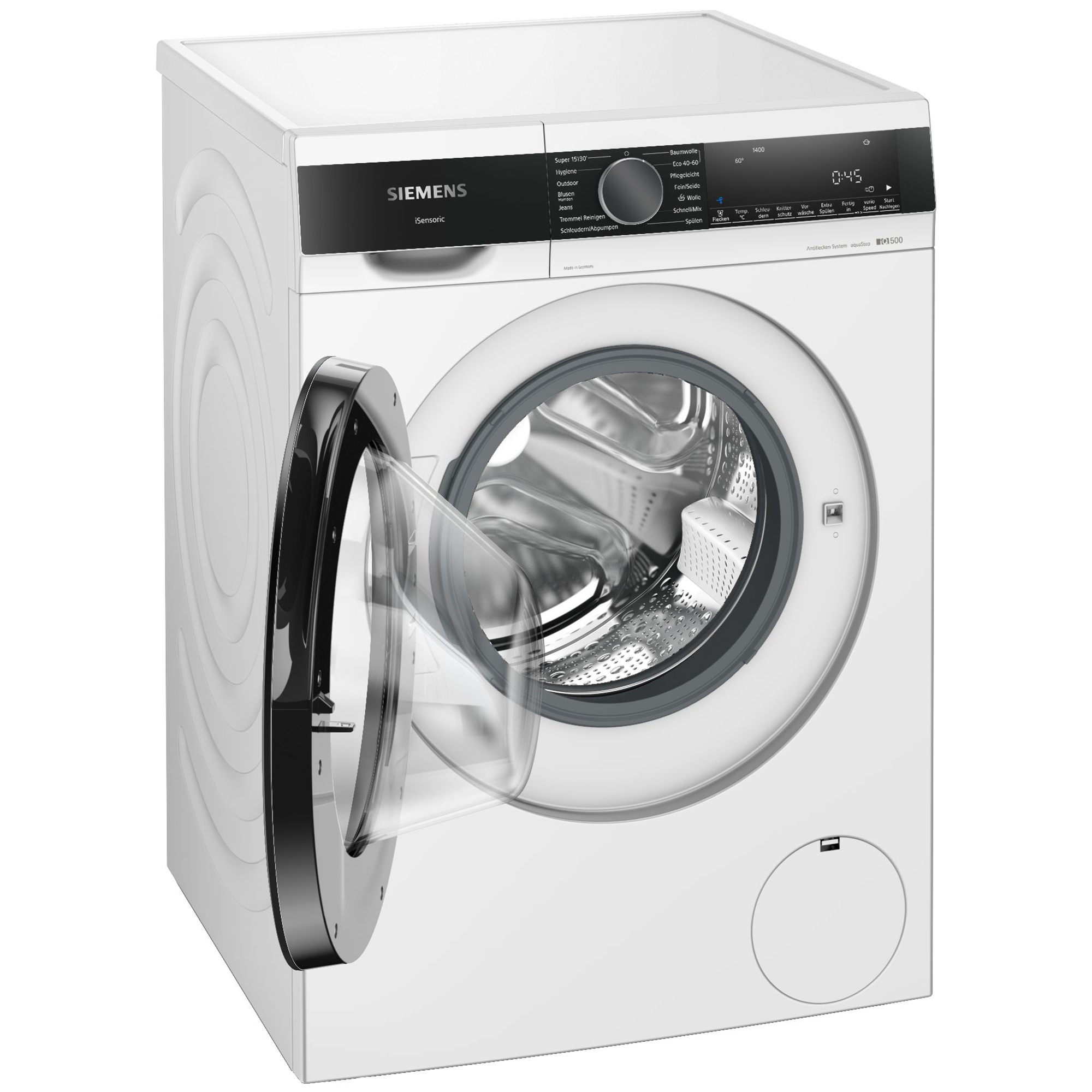 Weiße Siemens Waschmaschine mit geöffneter Tür, Display zeigt 0:45.