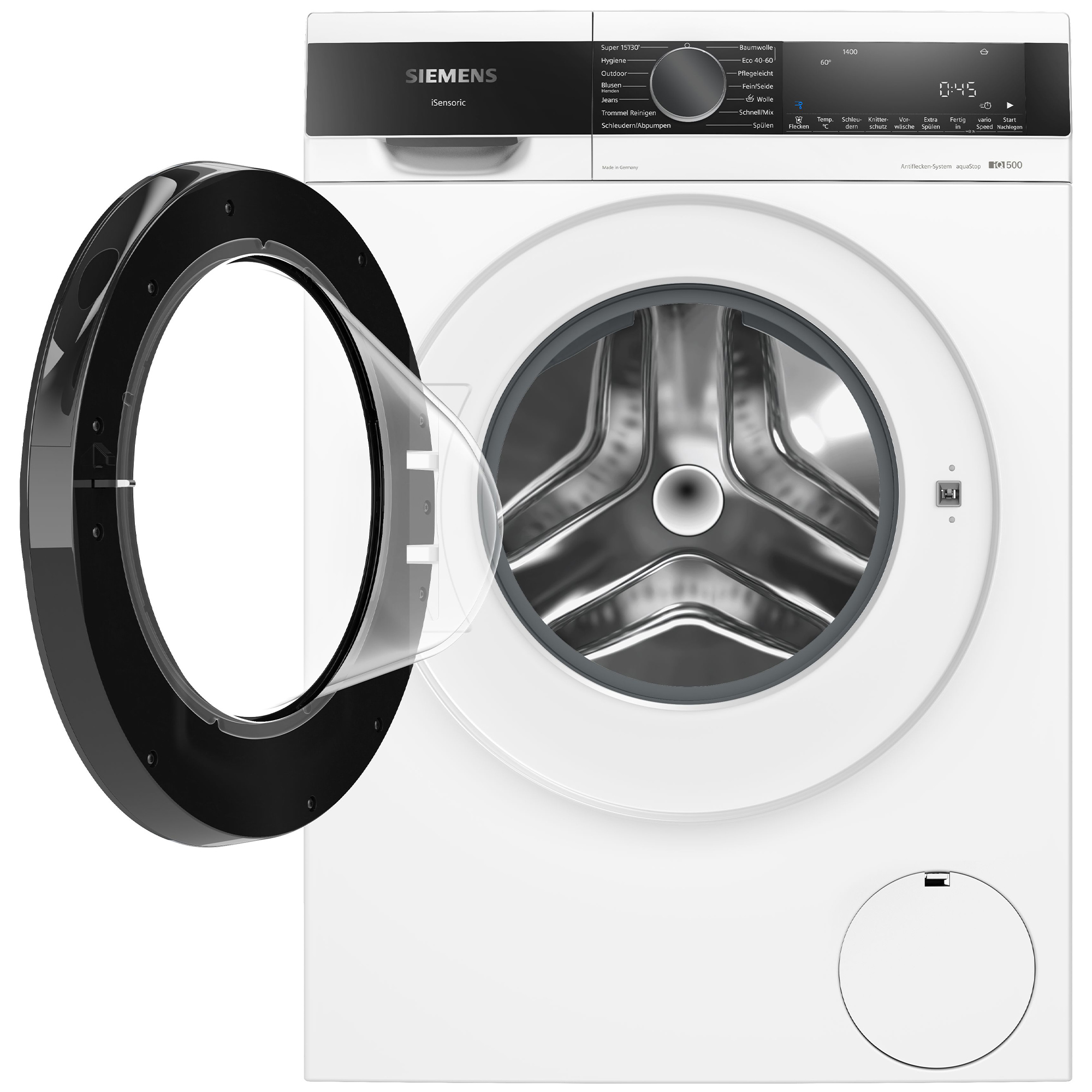 Eine weiße Siemens Waschmaschine mit geöffneter schwarzer Tür und silberner Trommel.