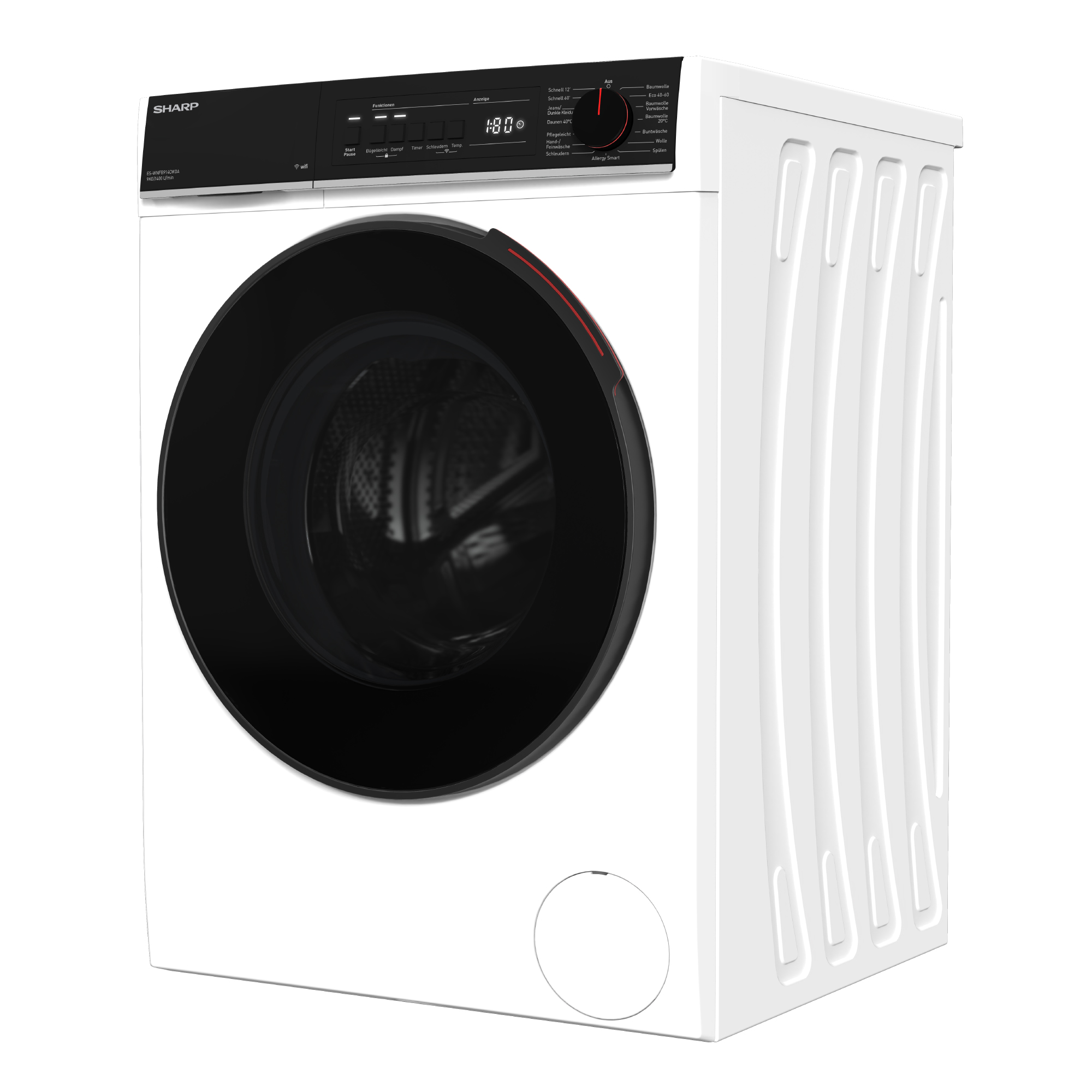 Lave-linge blanc Sharp avec porte noire et panneau de commande numérique.