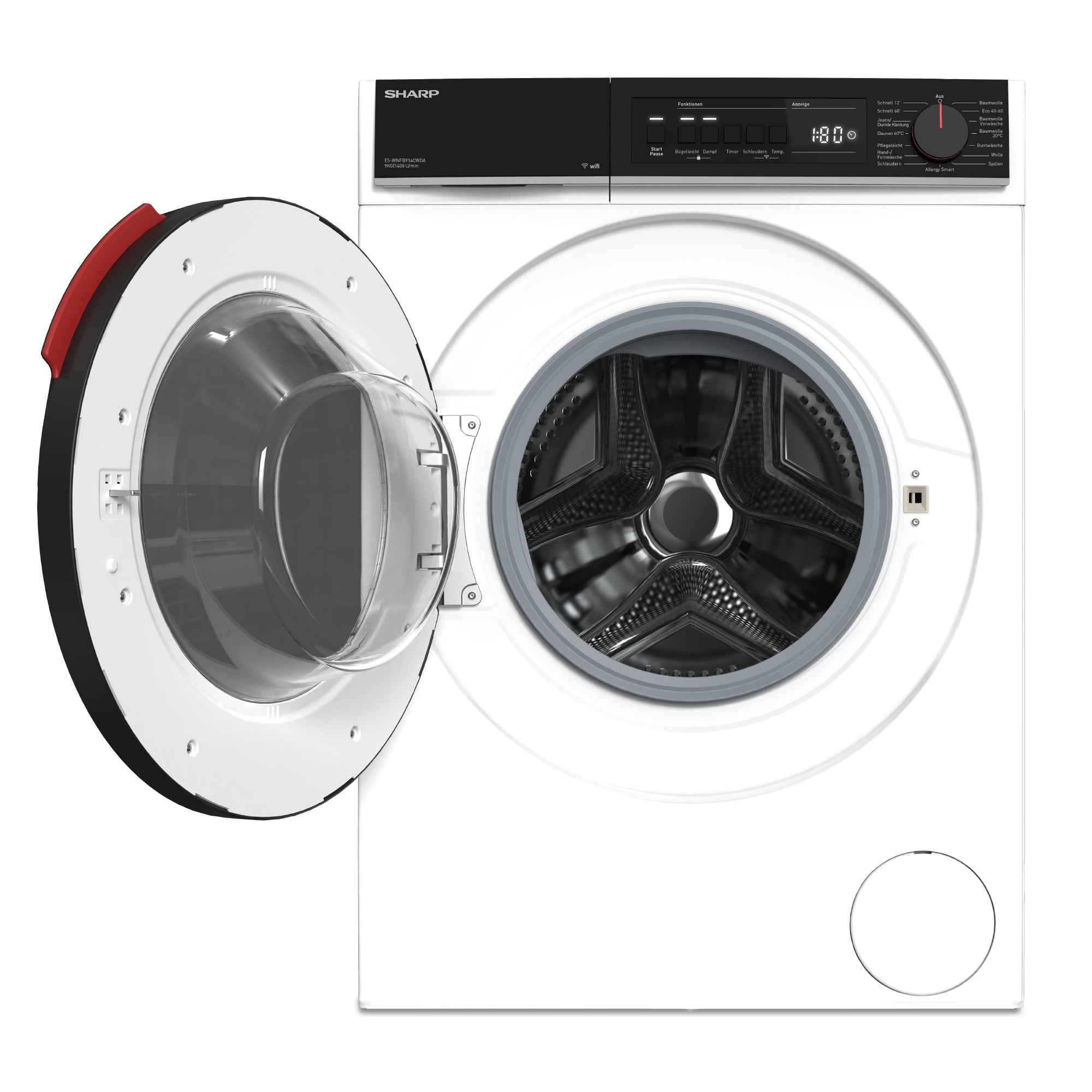 Lave-linge Sharp blanc avec porte ouverte et panneau de commande noir.