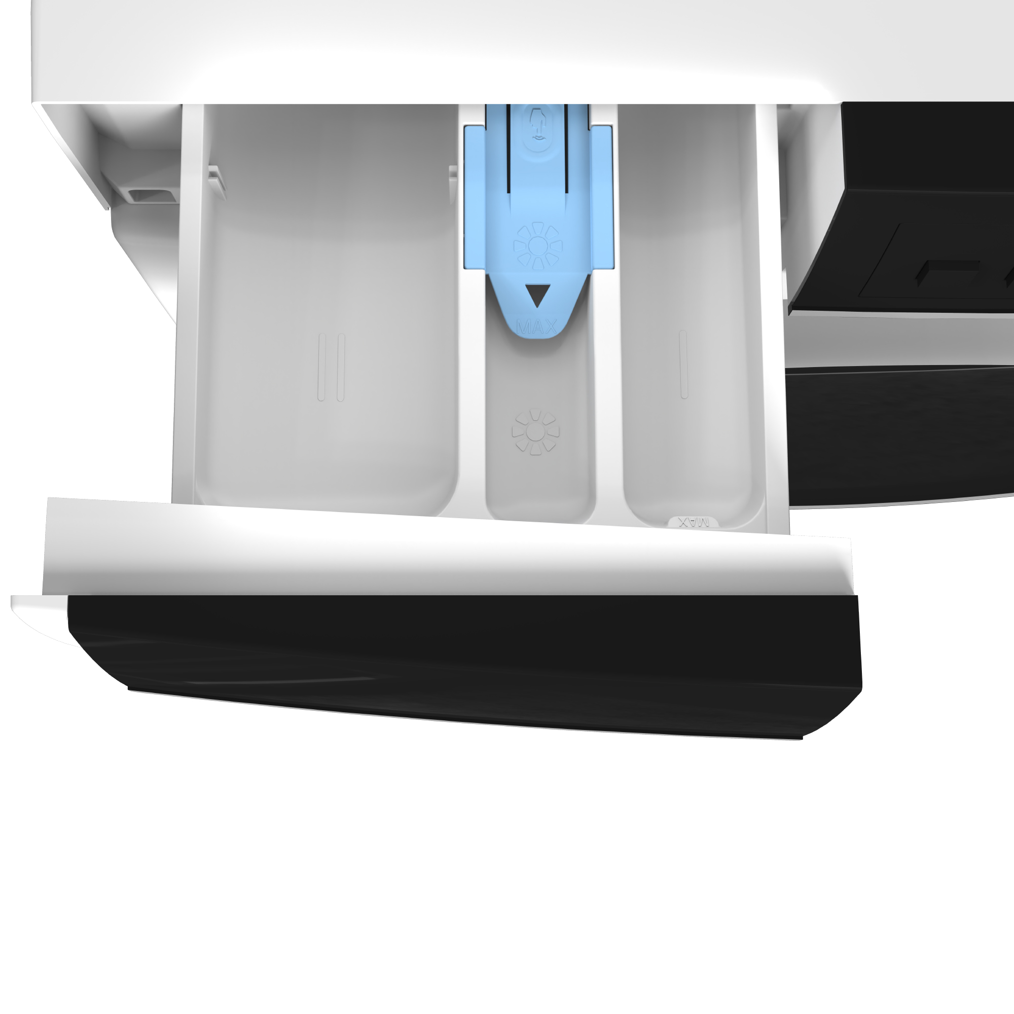 Un tiroir à lessive blanc avec un insert bleu et des marquages.