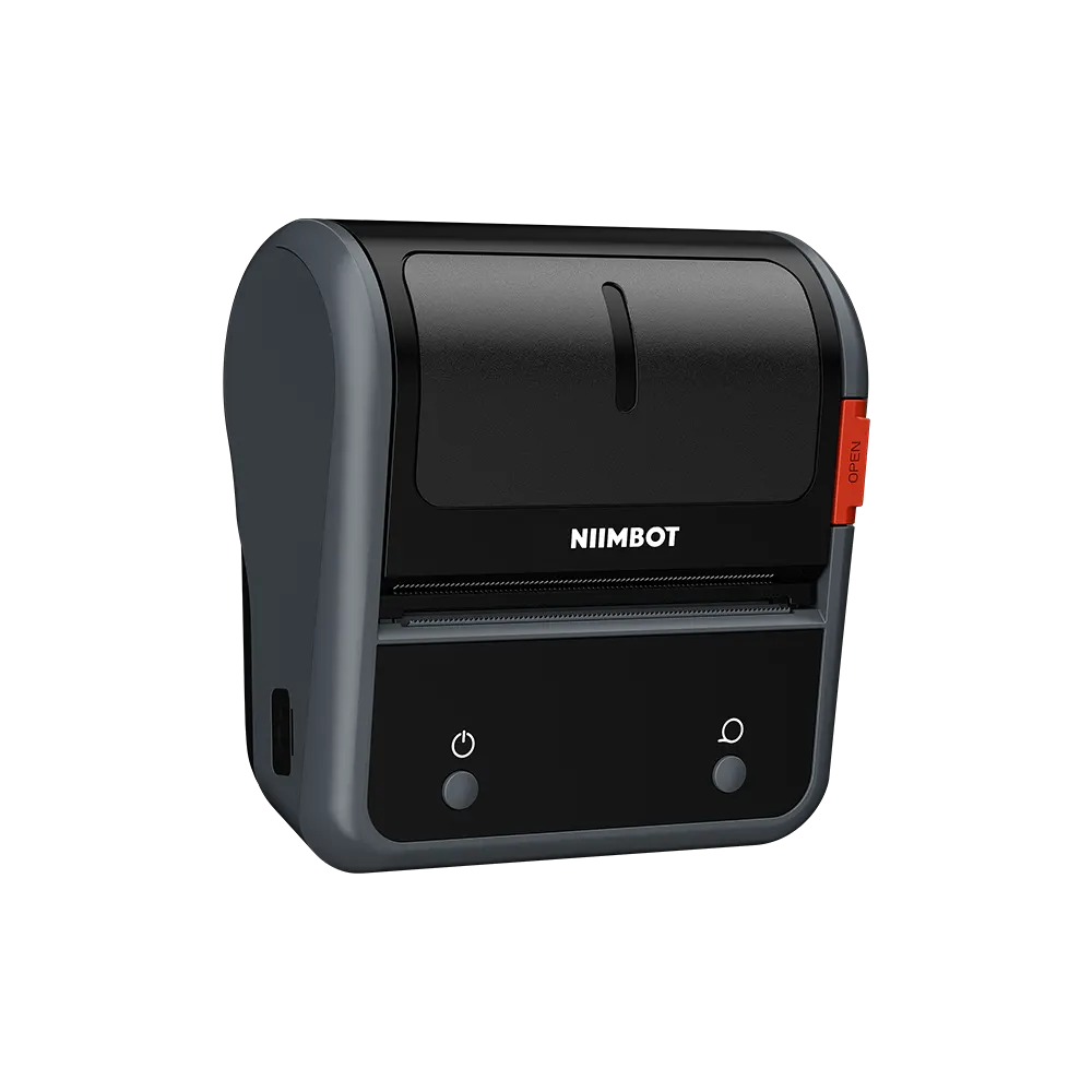 Una stampante per etichette grigia e nera con logo NIIMBOT e due pulsanti.