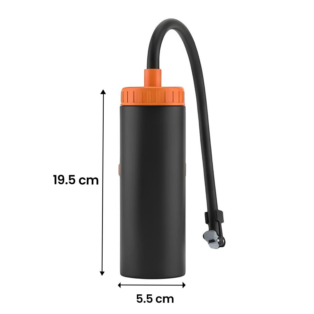 Schwarzer Luftpumpenkörper mit orangefarbenem Deckel und Schlauch.