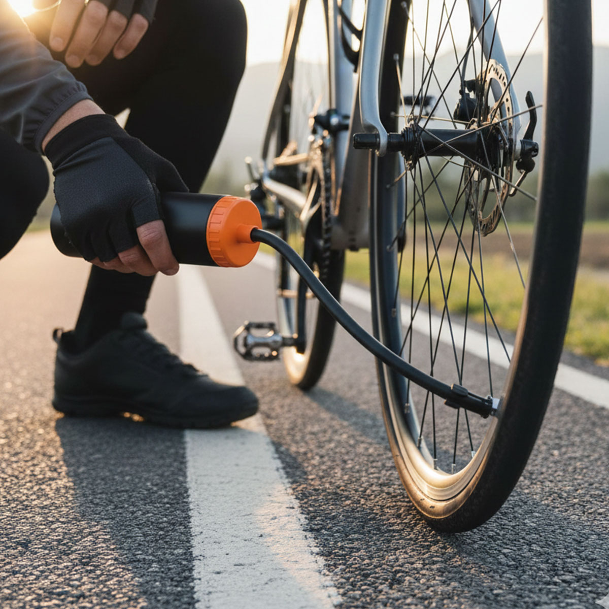 Person pumpt Fahrradreifen auf dem Asphalt auf, Sonnenuntergang.