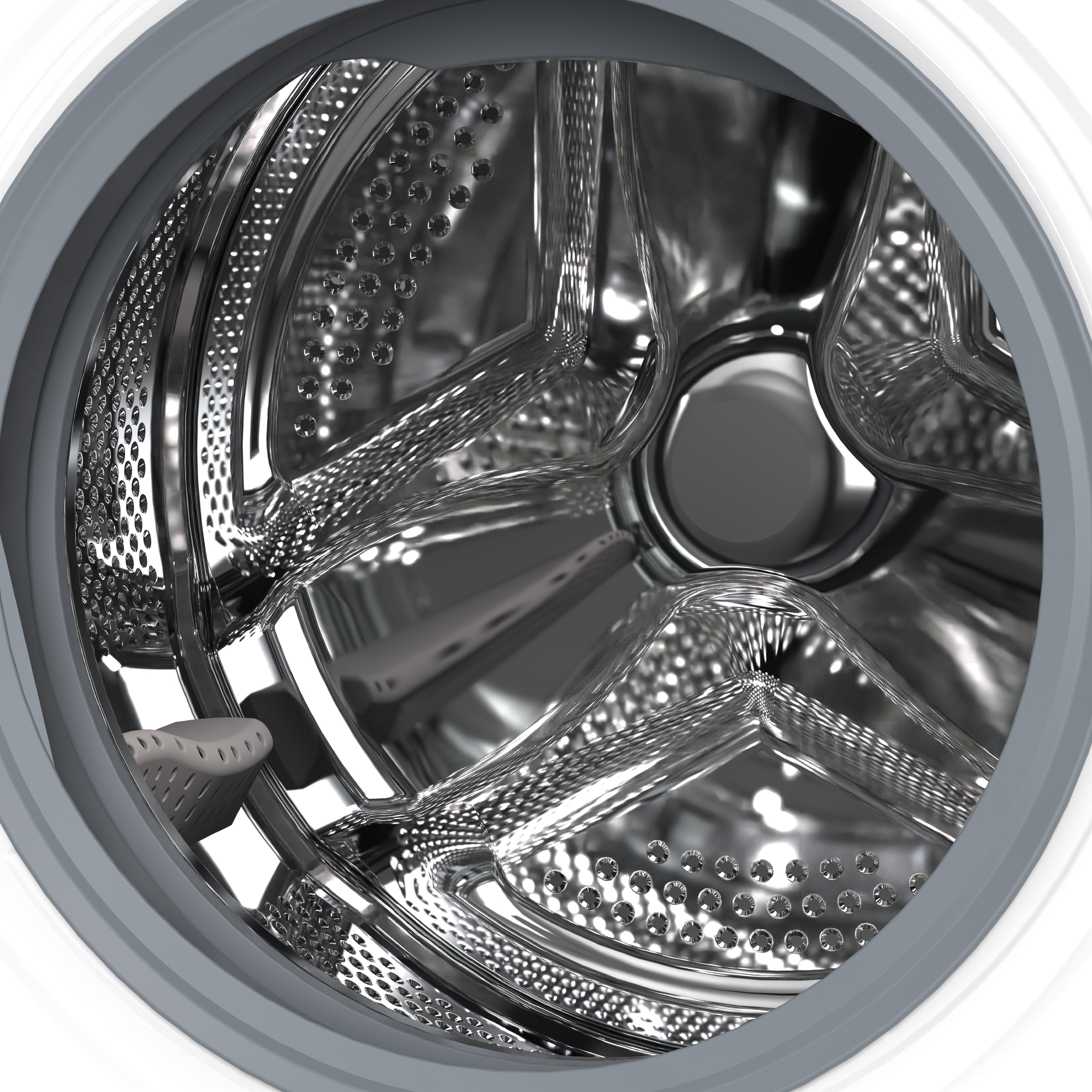 Interno del cestello di una lavatrice, con alette metalliche lucide e superficie perforata.