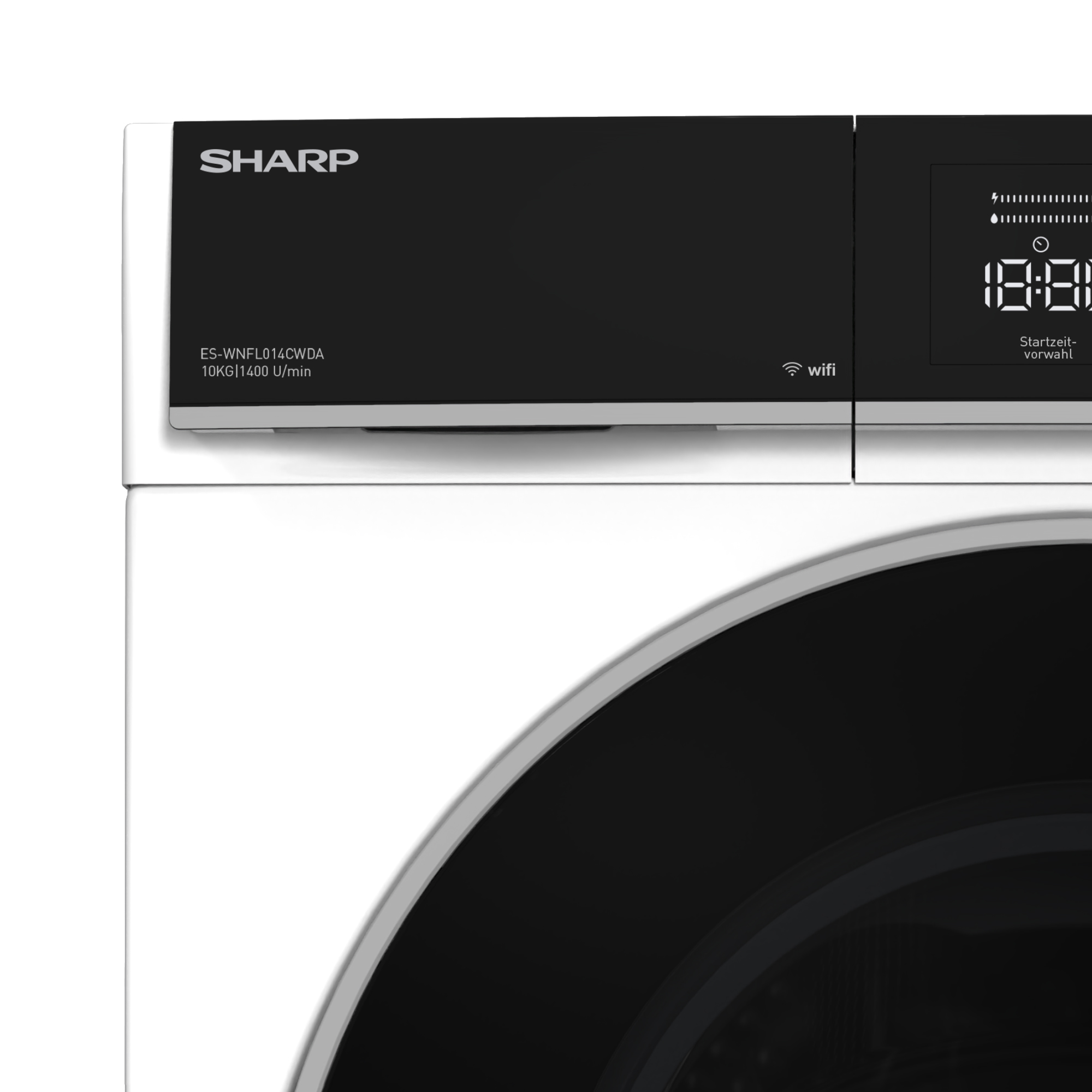 Lavatrice Sharp con display digitale e icona WiFi.