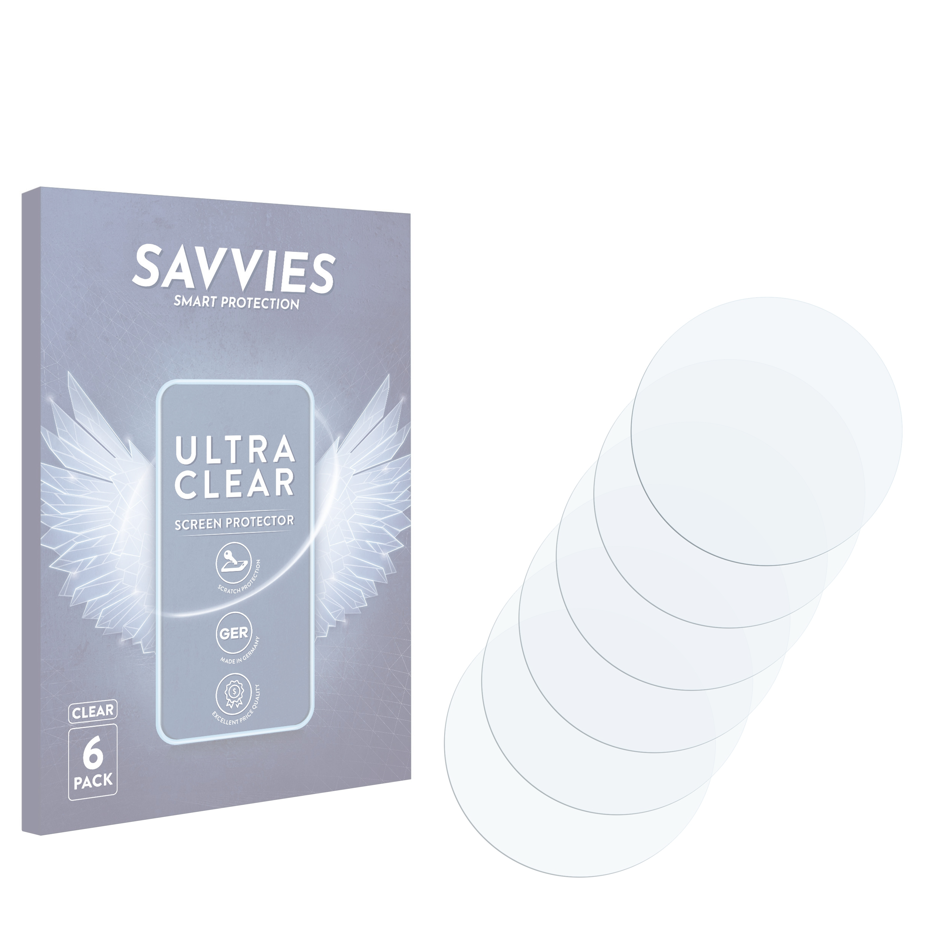 Verpackung für 6x ultraklare Displayschutzfolien mit deutschen Zertifikaten.