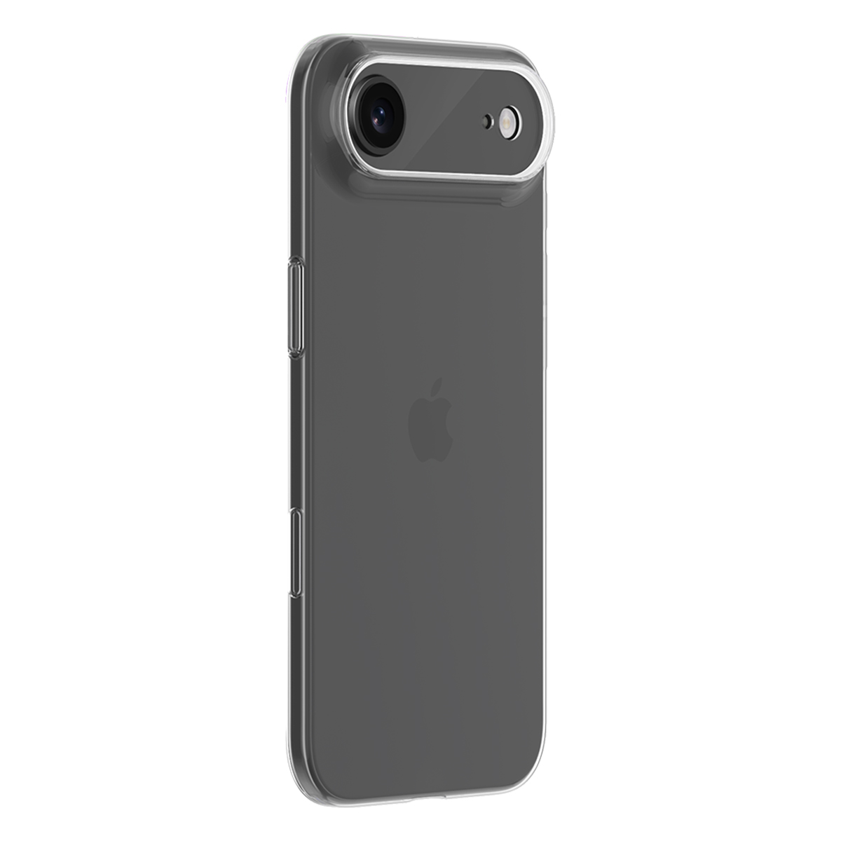 Custodia grigia per iPhone con ritaglio fotocamera e logo Apple.