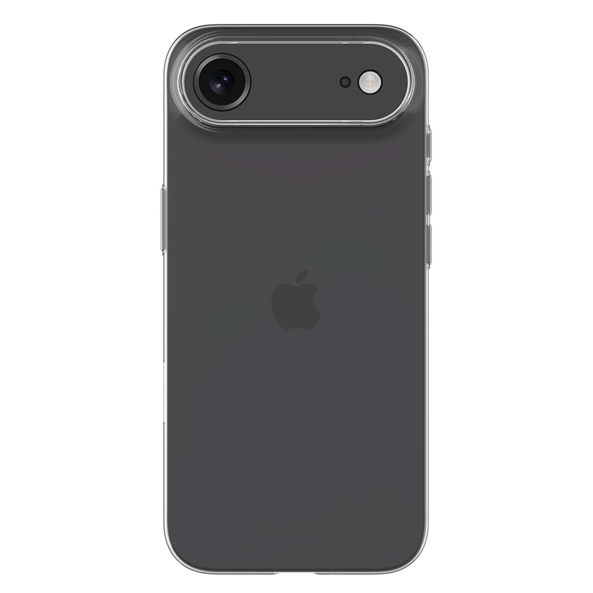 Custodia trasparente per iPhone con retro scuro e logo Apple visibile.