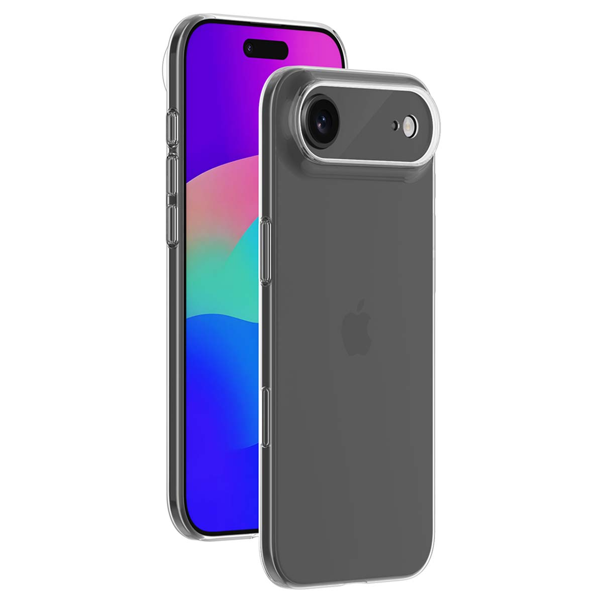 Uno smartphone con custodia protettiva trasparente, visto da dietro.