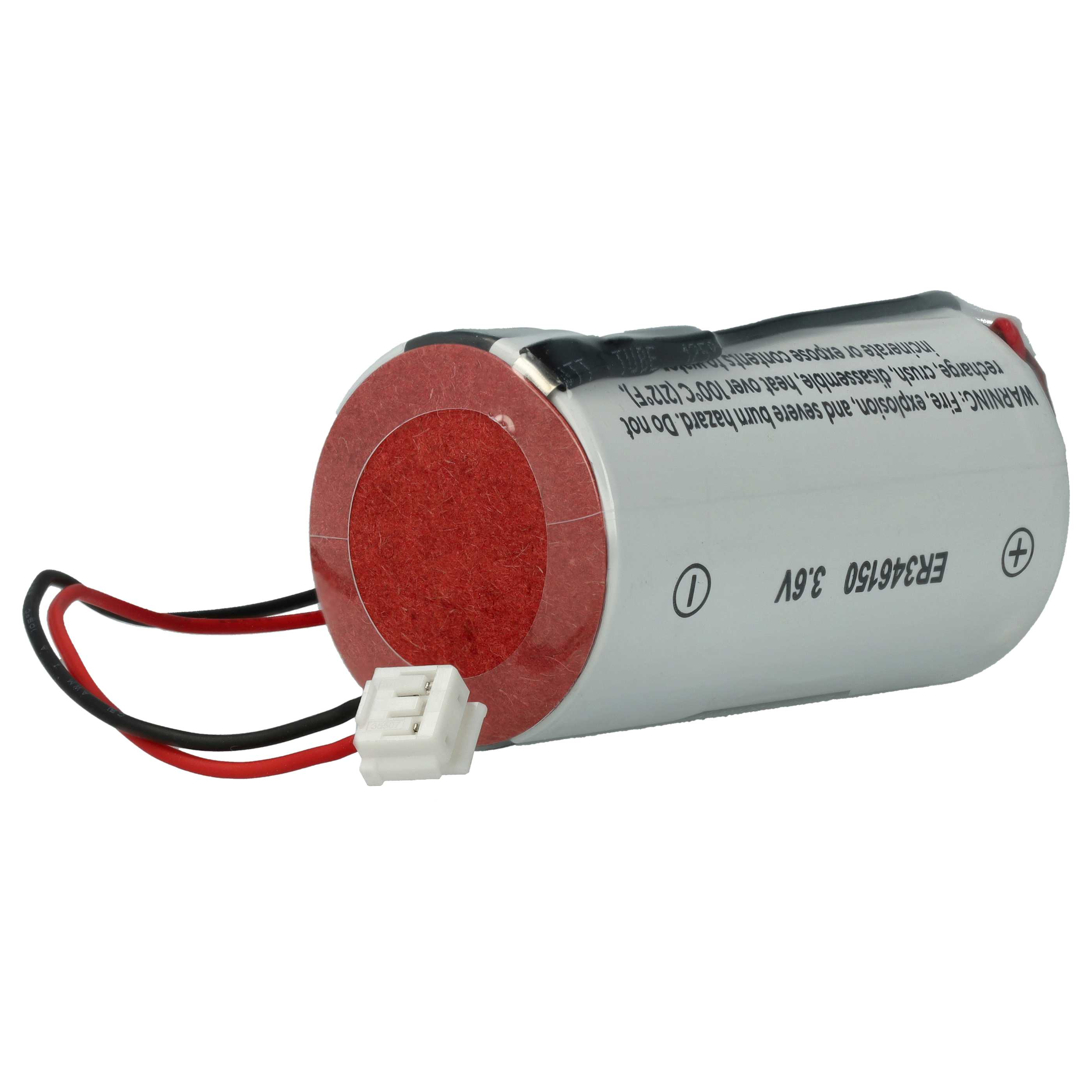3,6V ER346150 Batterie mit roten und schwarzen Kabeln und weißem Stecker.
