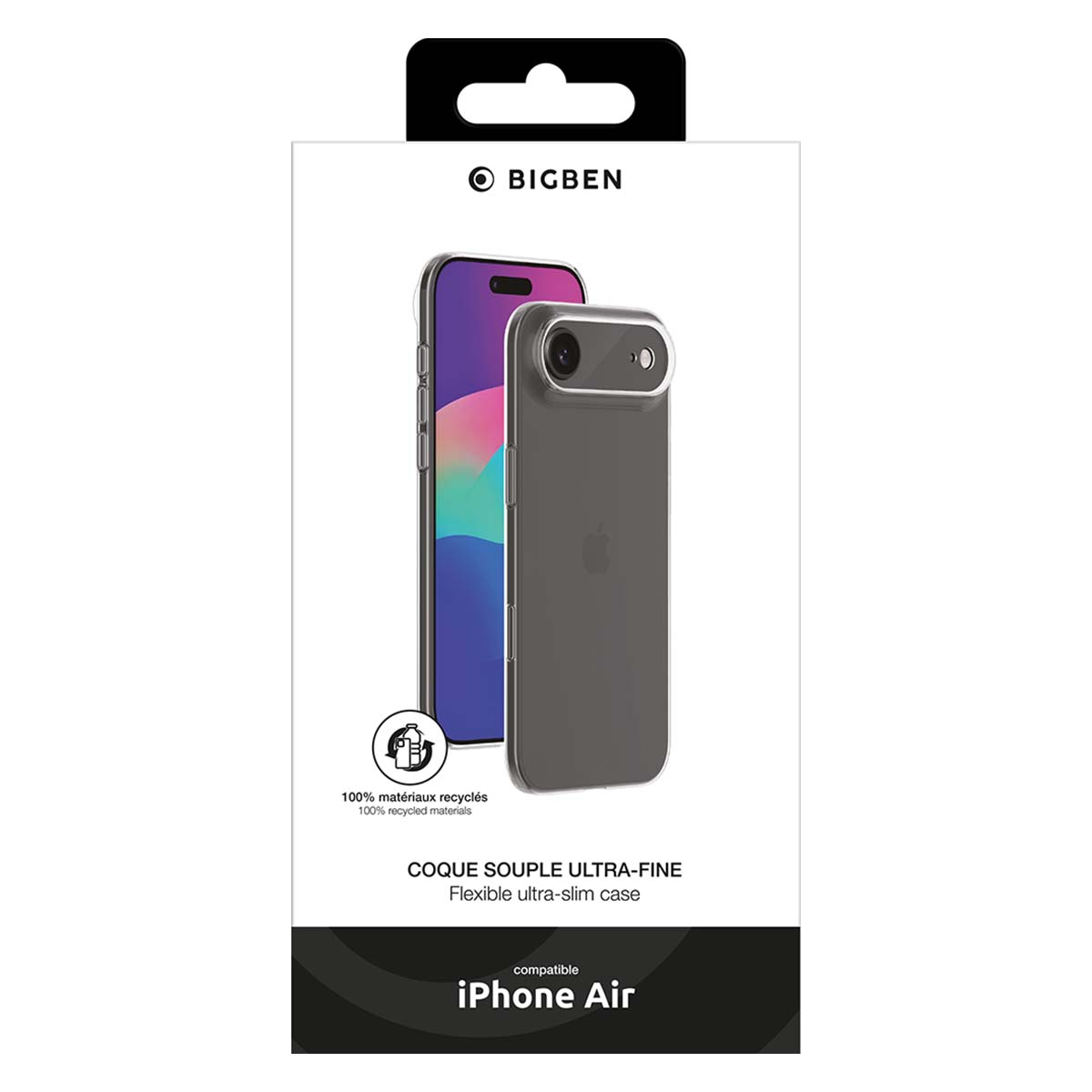 Confezione con logo BIGBEN, un iPhone Air e una cover.