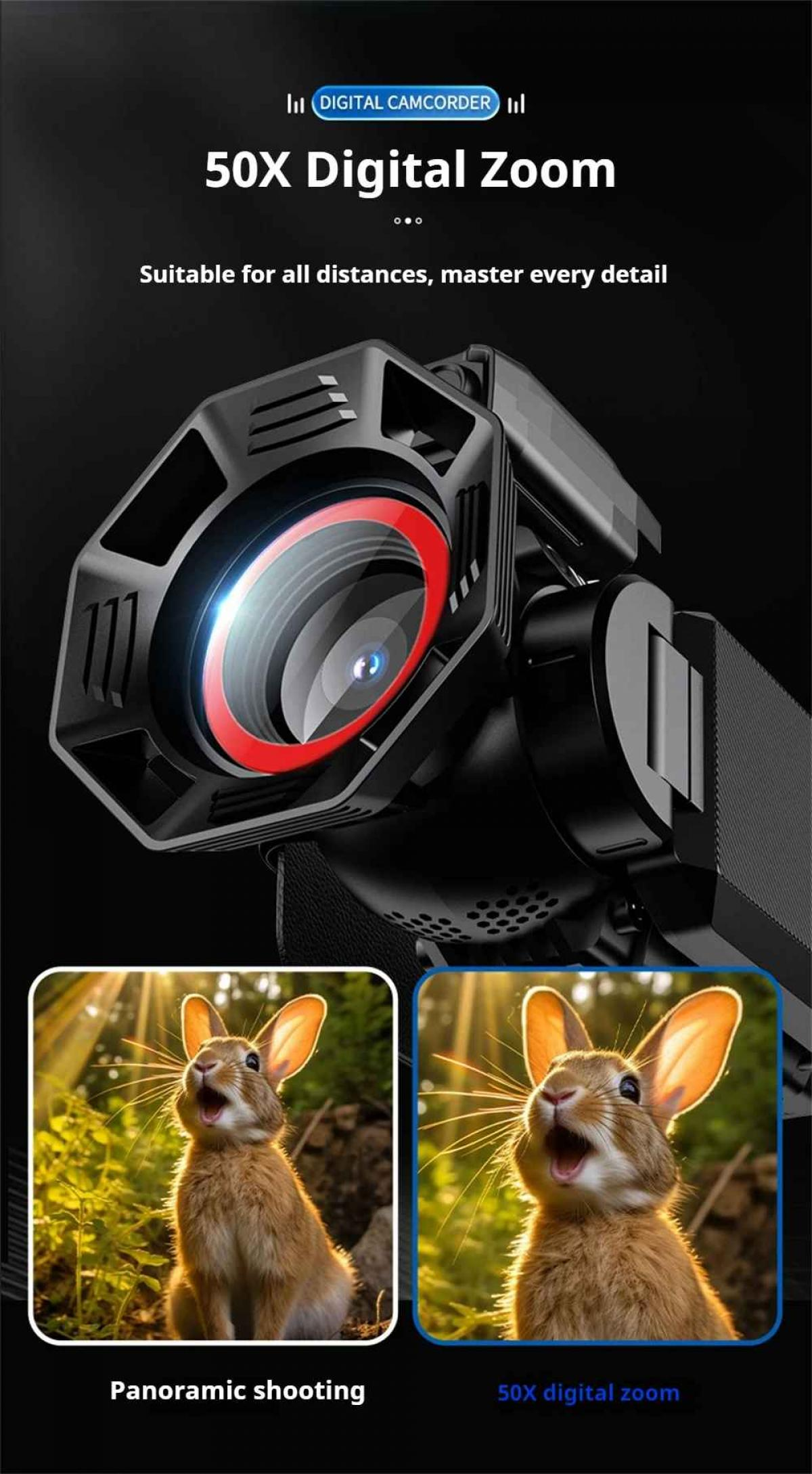 Digitale Camcorder-Linse mit 50-fachem Zoom, zeigt Kaninchen in zwei Aufnahmen.