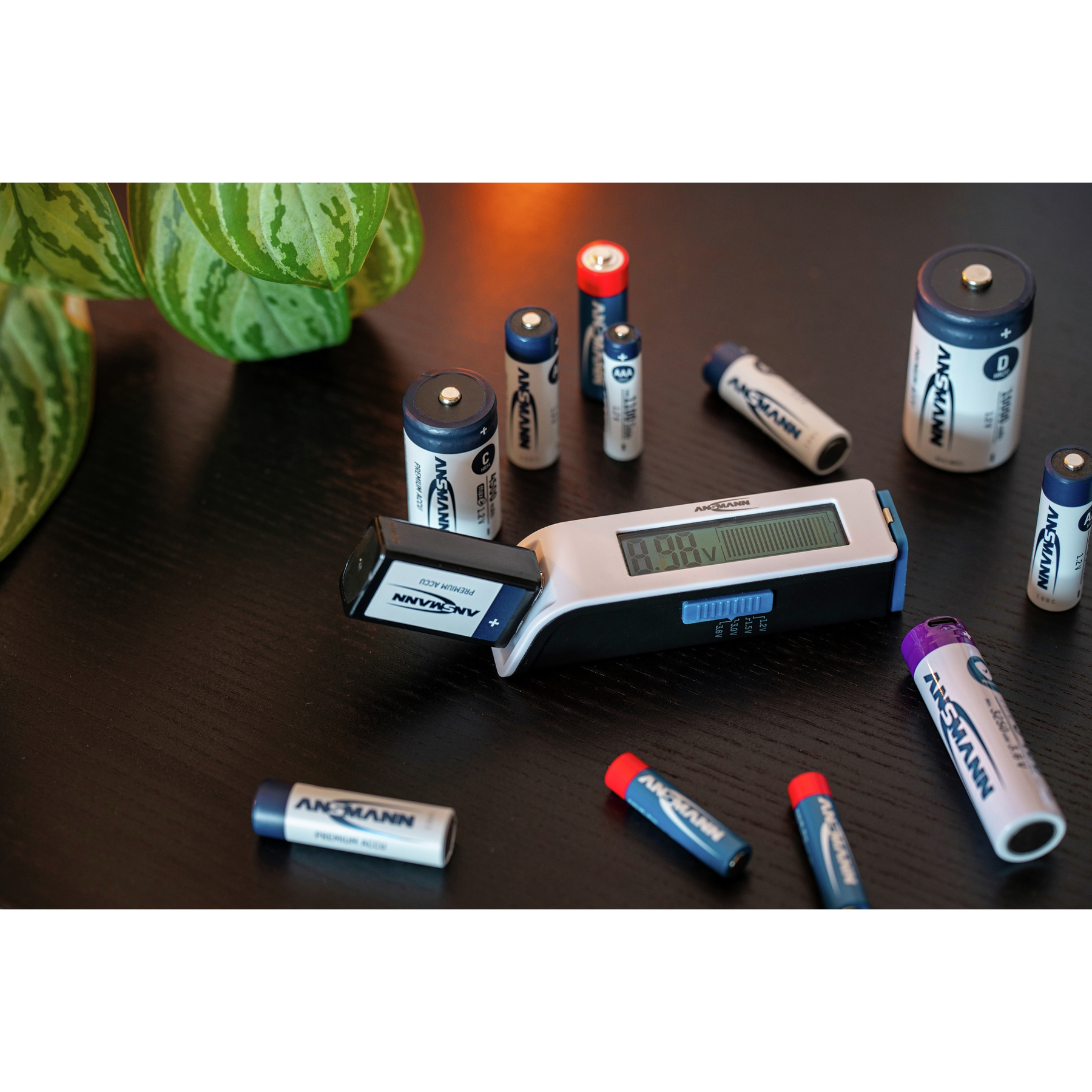 Batterietester mit verschiedenen Batterien auf einem Holztisch.