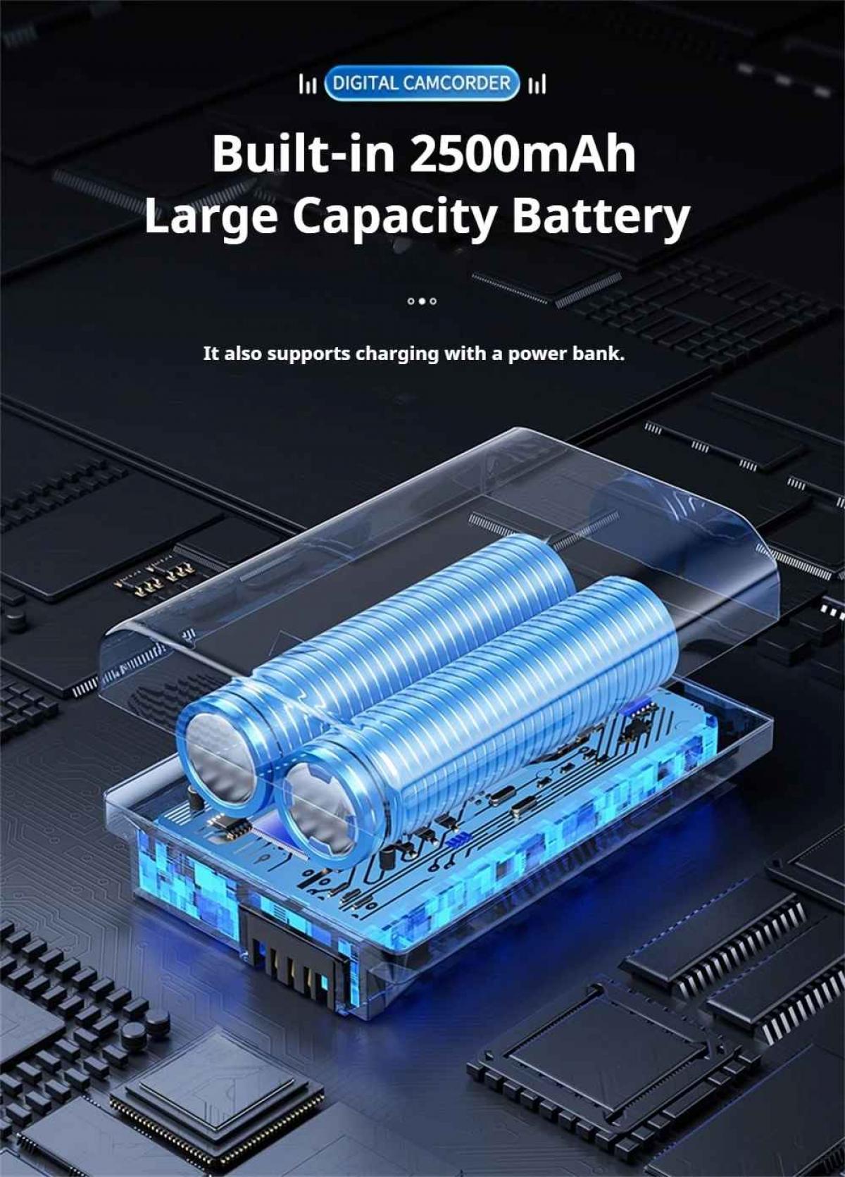 Zwei blaue Batterien in einem transparenten Gehäuse mit Leiterplattendesign.