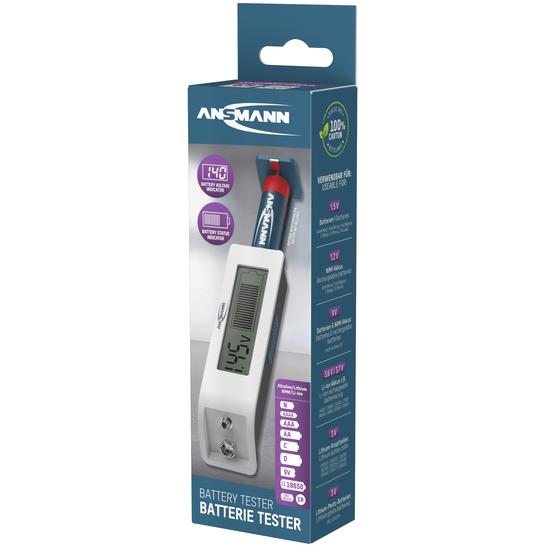 Verpackung eines ANSMANN Batterietesters mit abgebildetem Tester und einer Batterie.