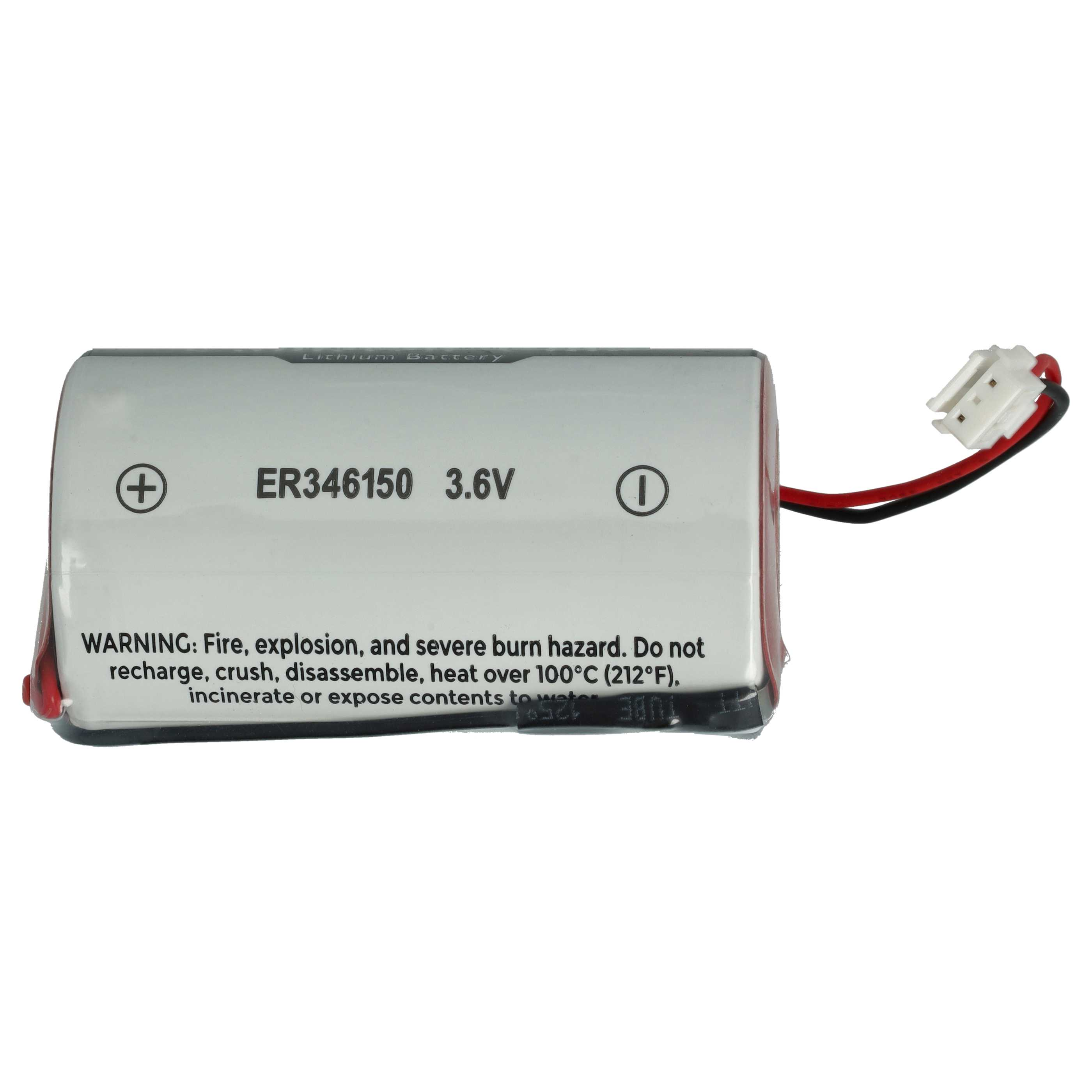 Lithium-Batterie ER346150 3,6V mit Kabel und Warnhinweisen.