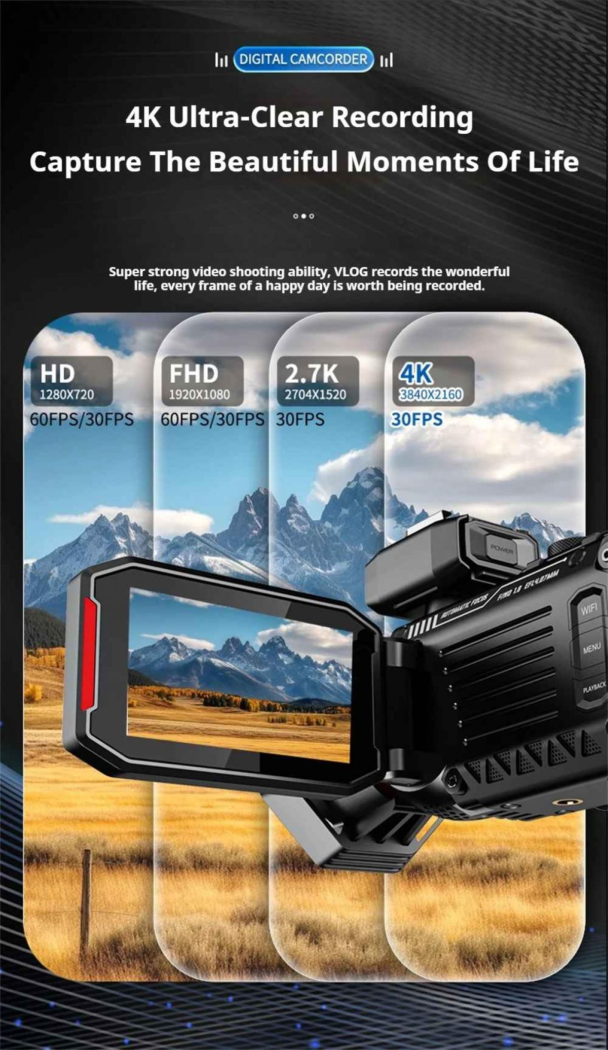 Ein Camcorder mit 4K-Auflösung zeigt eine Landschaft mit Bergen und Feldern.
