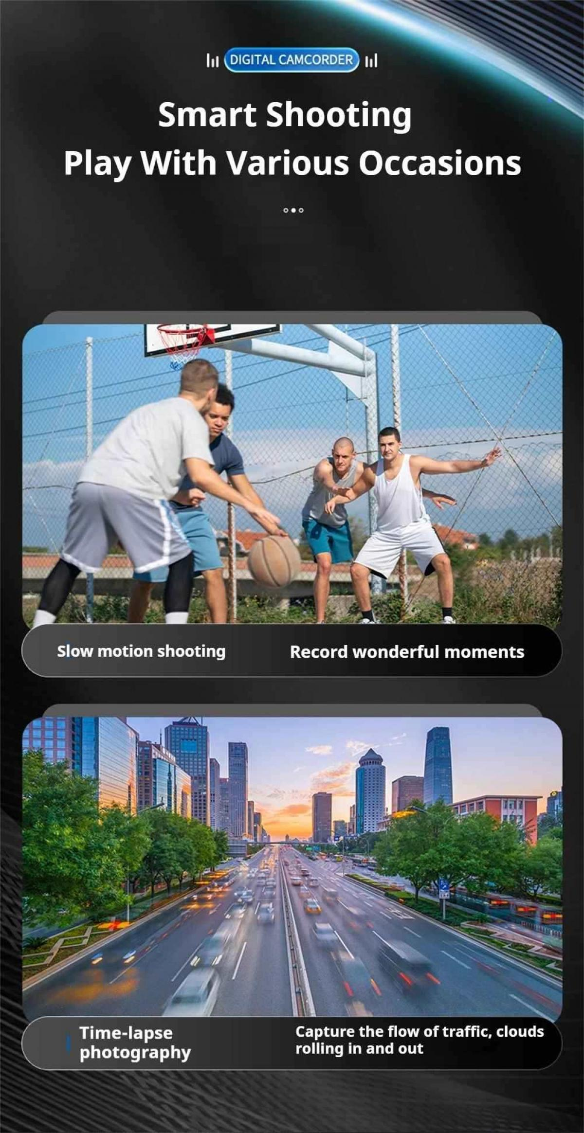 Basketballspieler auf einem Freiplatz. Unten: Eine Stadt mit Verkehr bei Sonnenuntergang.