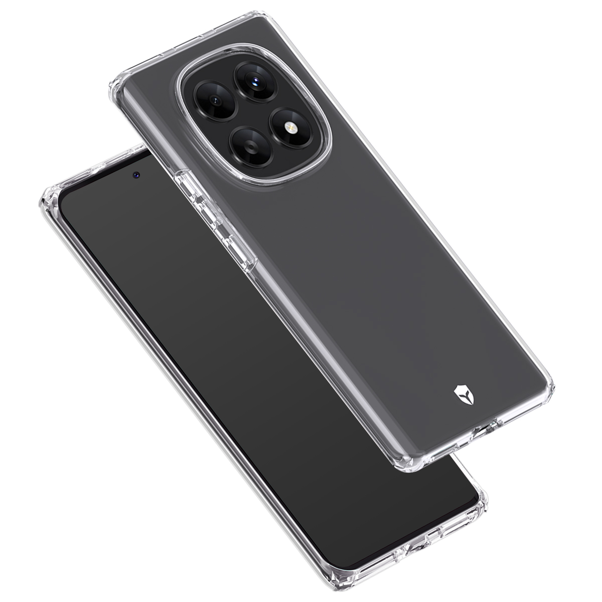 Una custodia trasparente per telefono giace su uno smartphone nero.