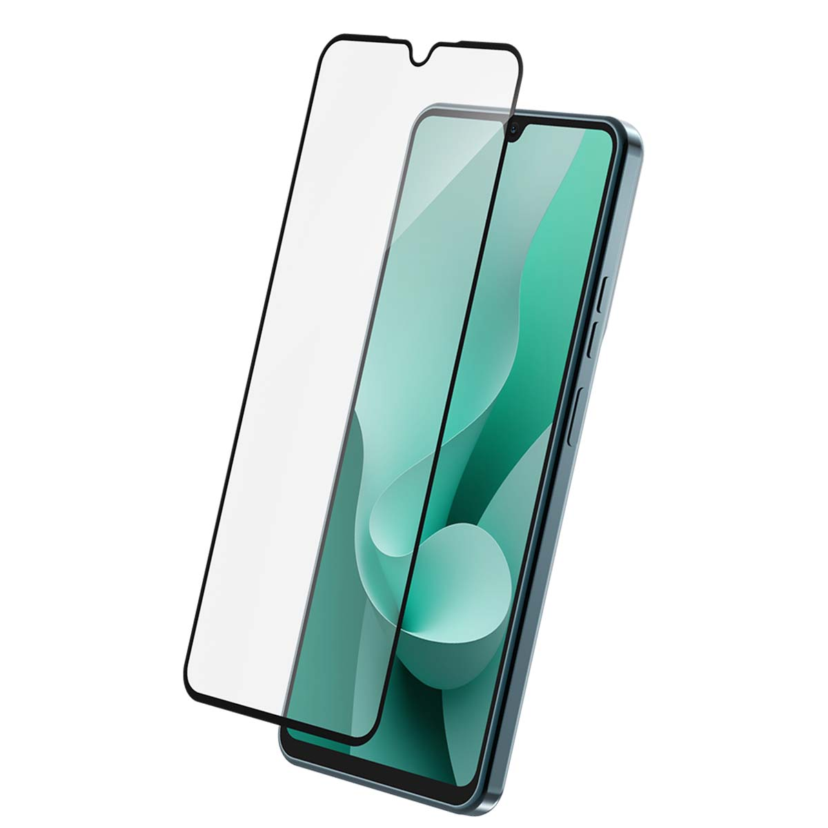 Ein Displayschutz aus Glas liegt neben einem Smartphone mit blauem Gehäuse.