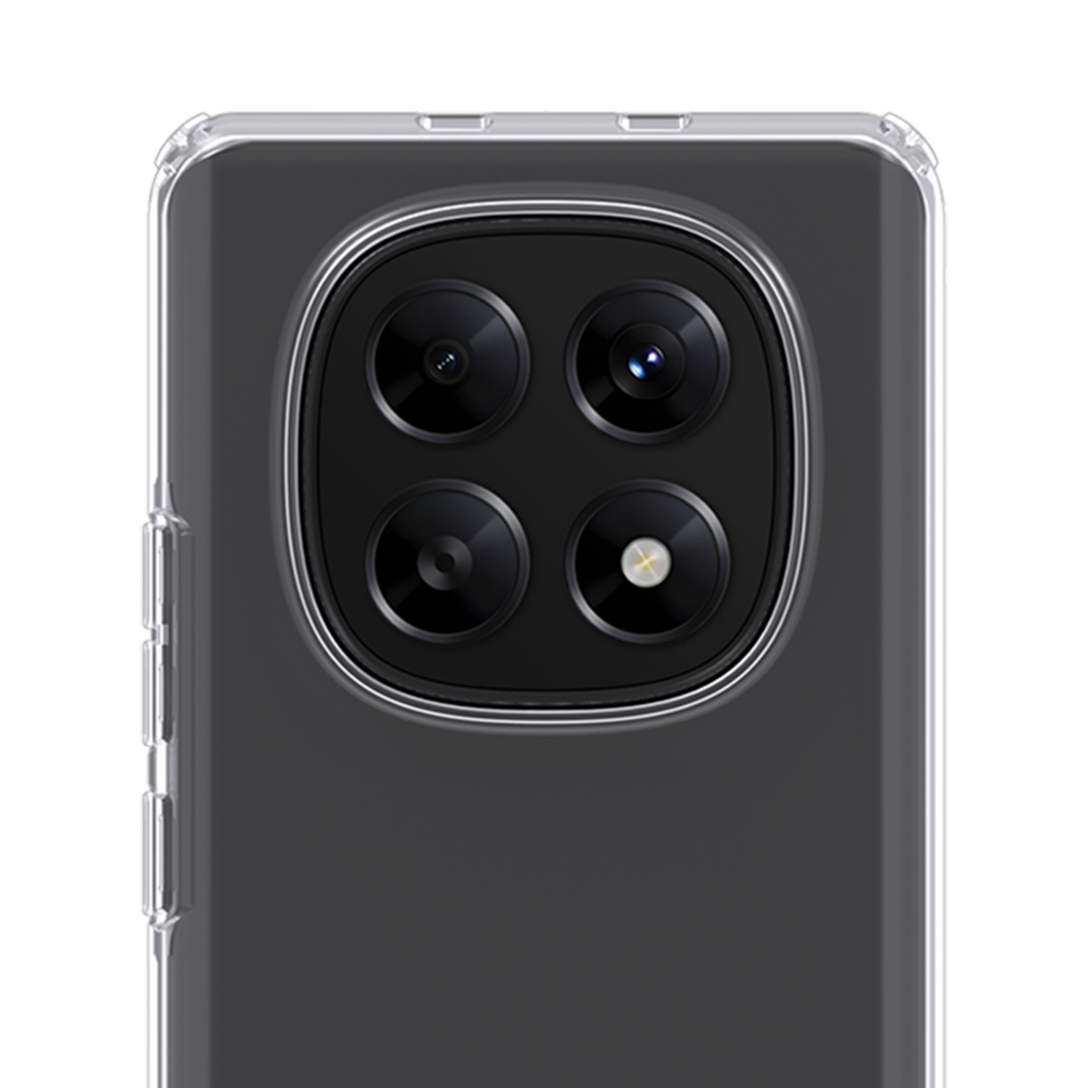 Primo piano del retro di uno smartphone con quattro fotocamere in una custodia trasparente.