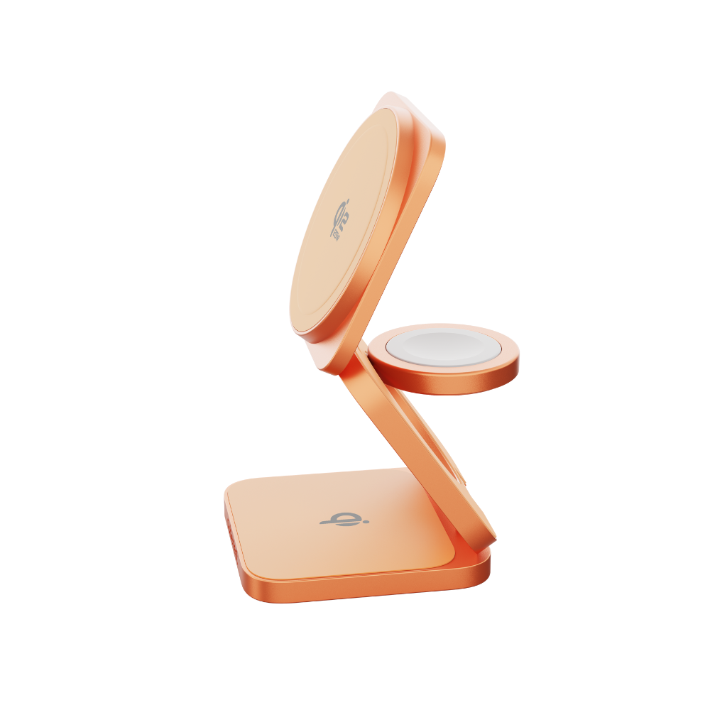 Ein roségoldenes Ladegerät mit zwei Ladeflächen für Handy und Uhr.