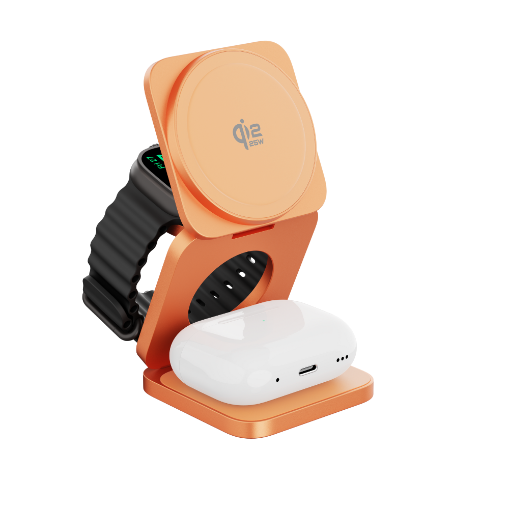 Ein orangefarbener Ladeständer mit einer Uhr und einem weißen Ladeetui.