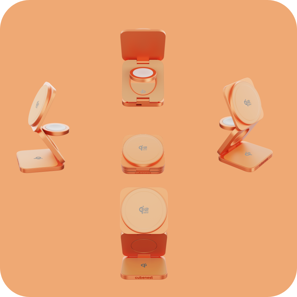 Ein roségoldenes Ladegerät in verschiedenen Ansichten auf einem orangefarbenen Hintergrund.