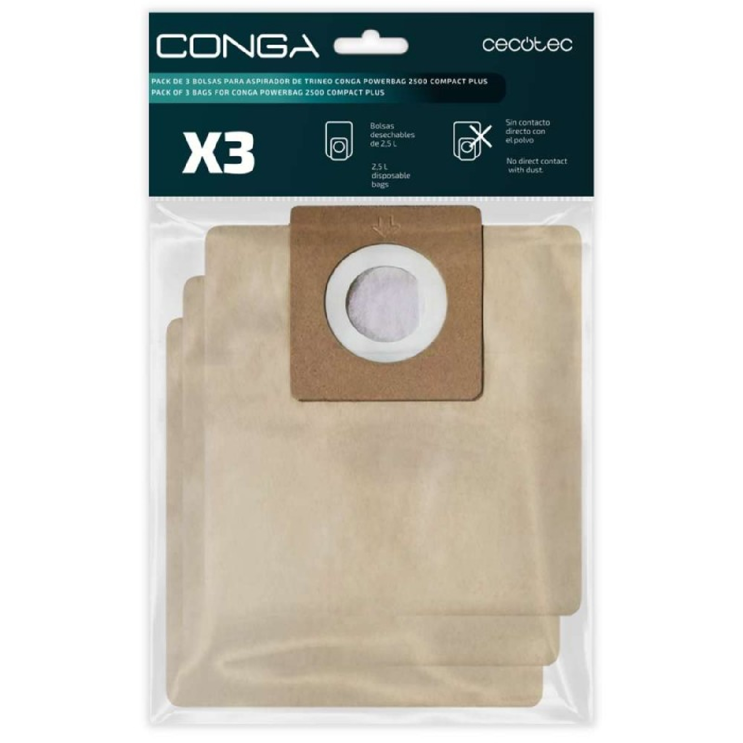 Paquete de 3 bolsas desechables para aspiradora Conga Powerbag 2500 Compact Plus.