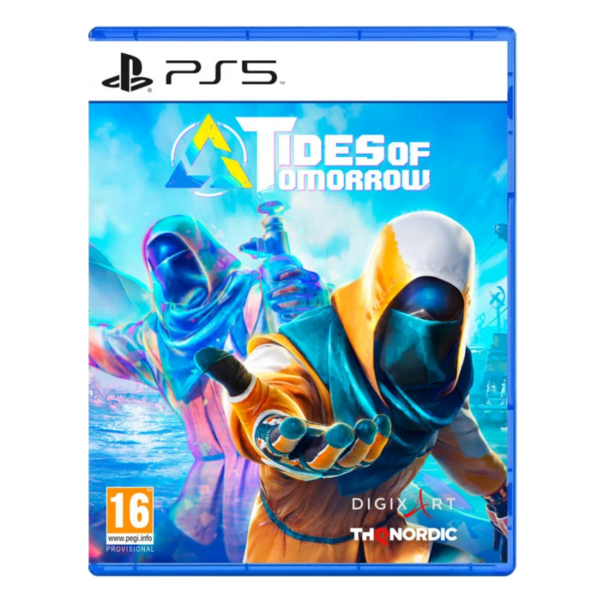 Copertina gioco PS5: Due figure in abiti colorati con cappuccio su cielo blu.