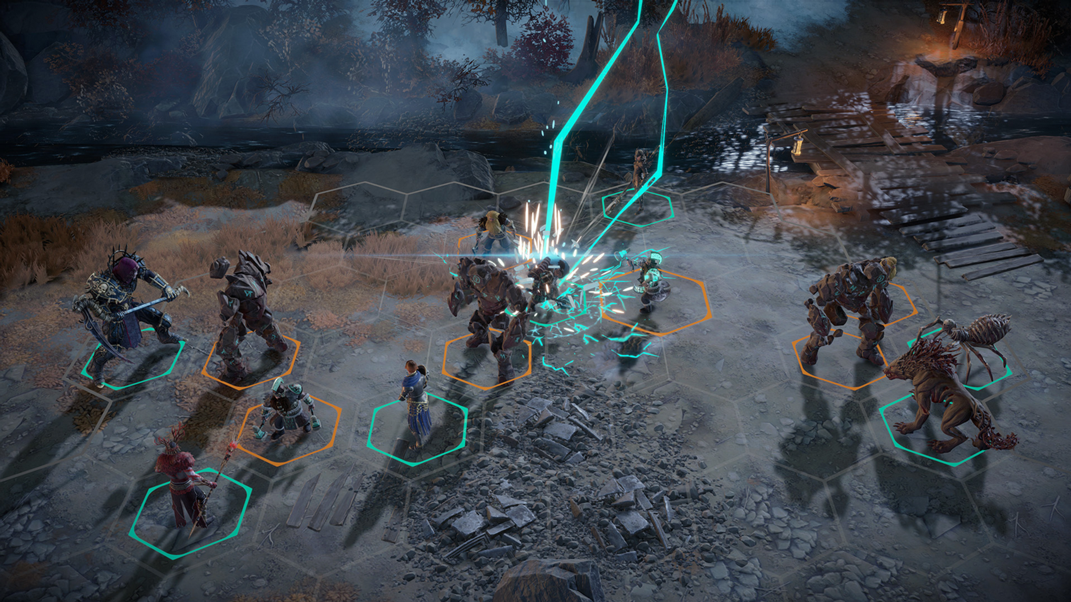 Batalla de fantasía en tablero hexagonal con criaturas y guerreros en un paisaje oscuro.