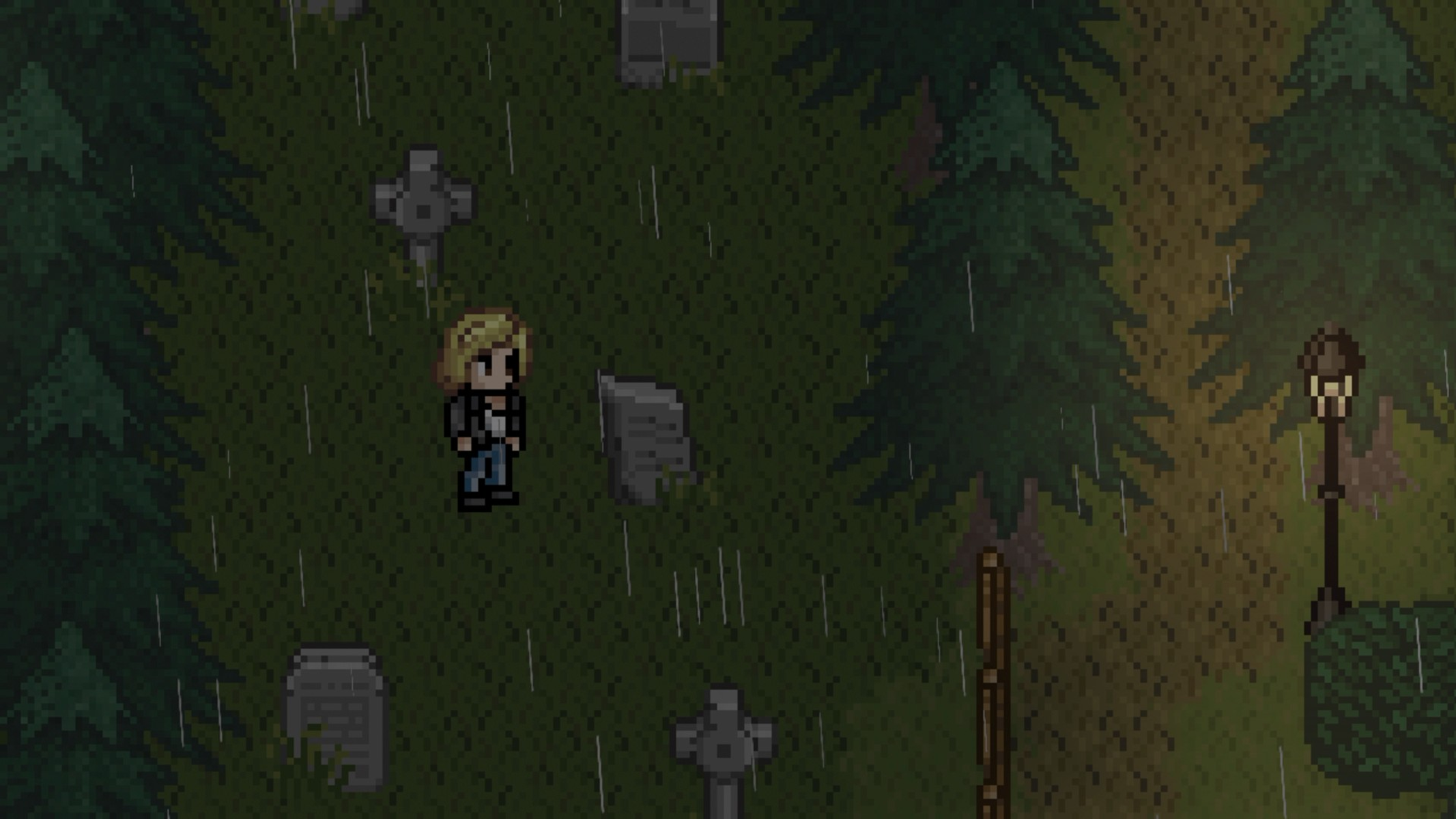Una mujer está en un cementerio bajo la lluvia. Se ven árboles y lápidas.