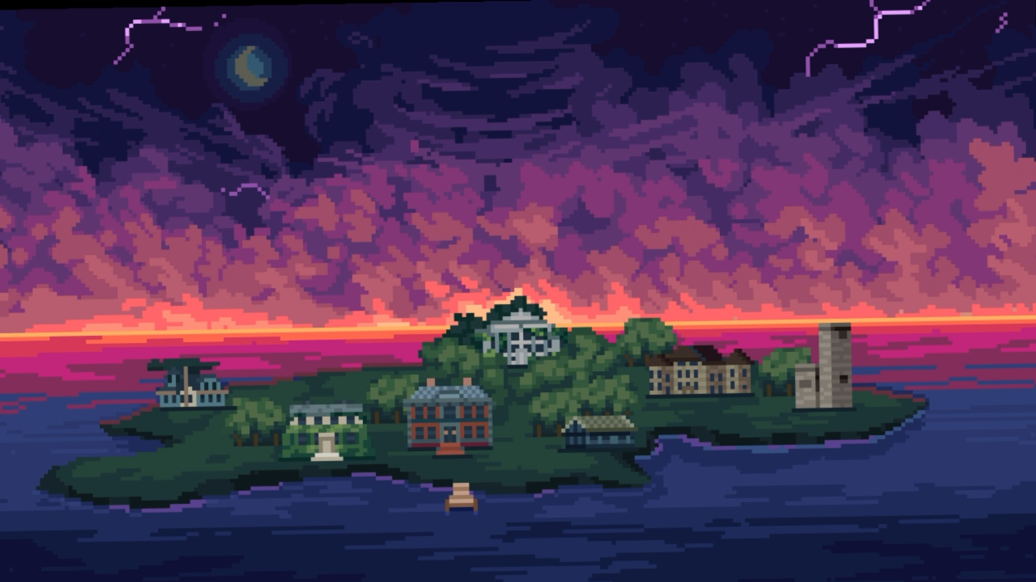Isola pixel art con edifici al tramonto con nuvole drammatiche.