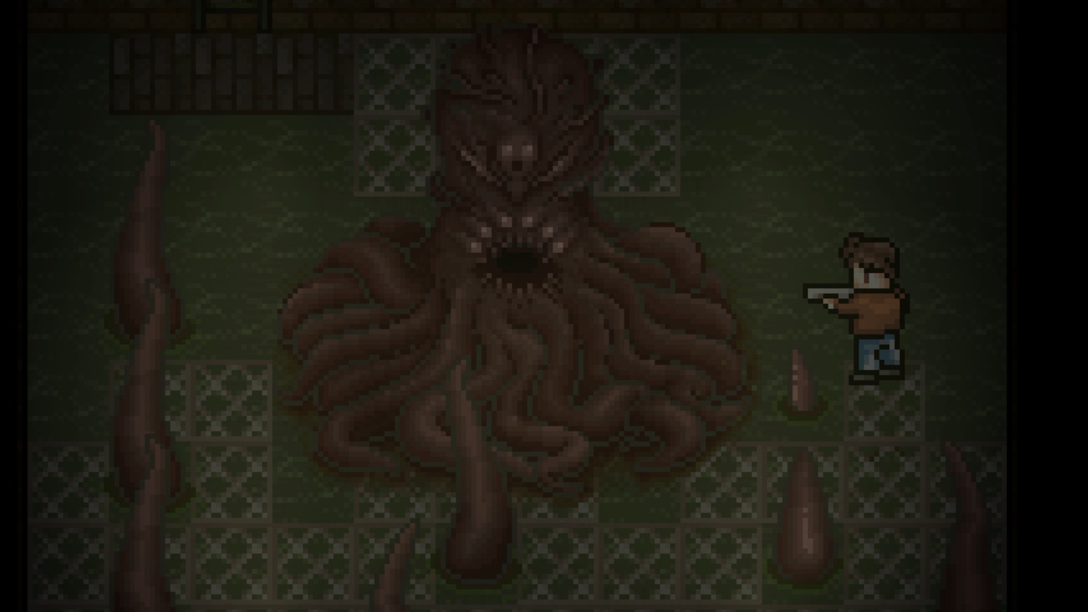 Una creatura con tentacoli e un uomo con una pistola in una stanza pixellata.