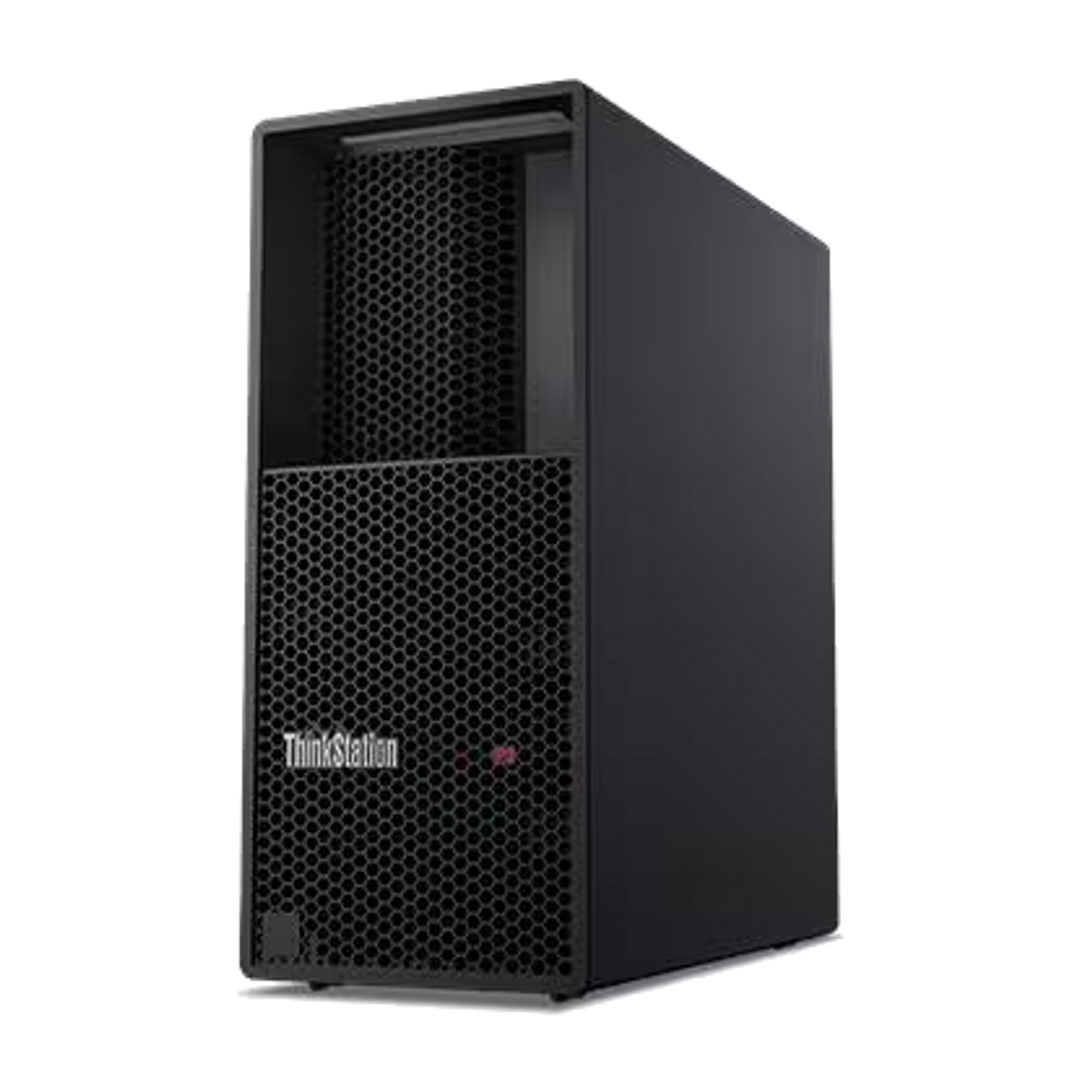Caja torre ThinkStation negra con panel frontal de patrón de panal.
