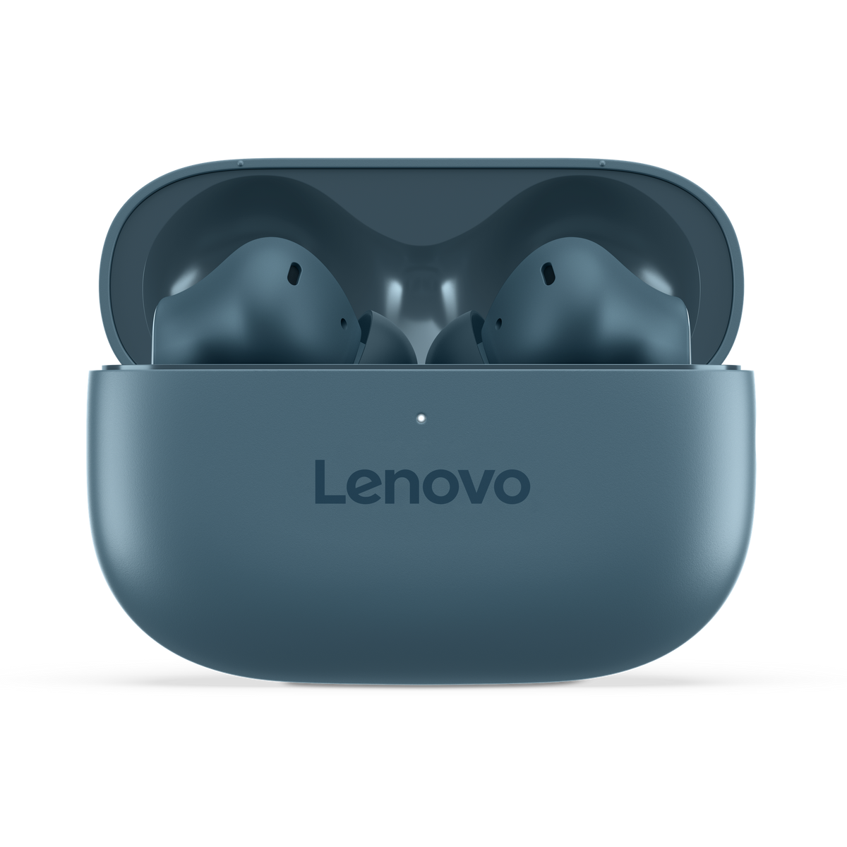 Auriculares Lenovo azules en un estuche de carga abierto sobre fondo negro.