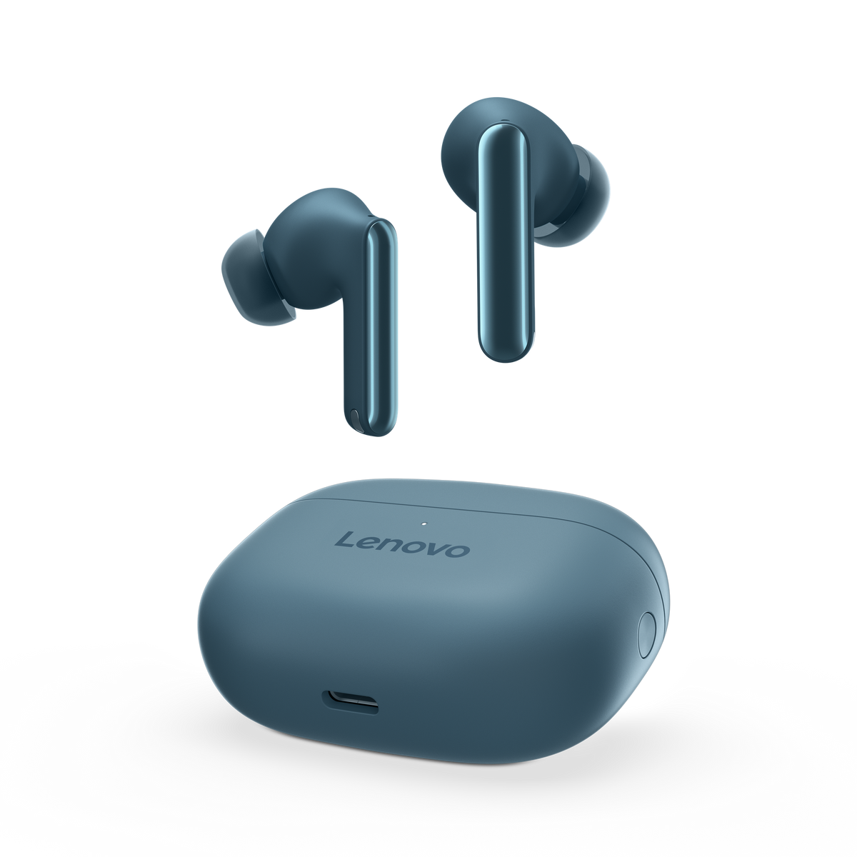 Auriculares Lenovo azules y estuche de carga sobre fondo negro.