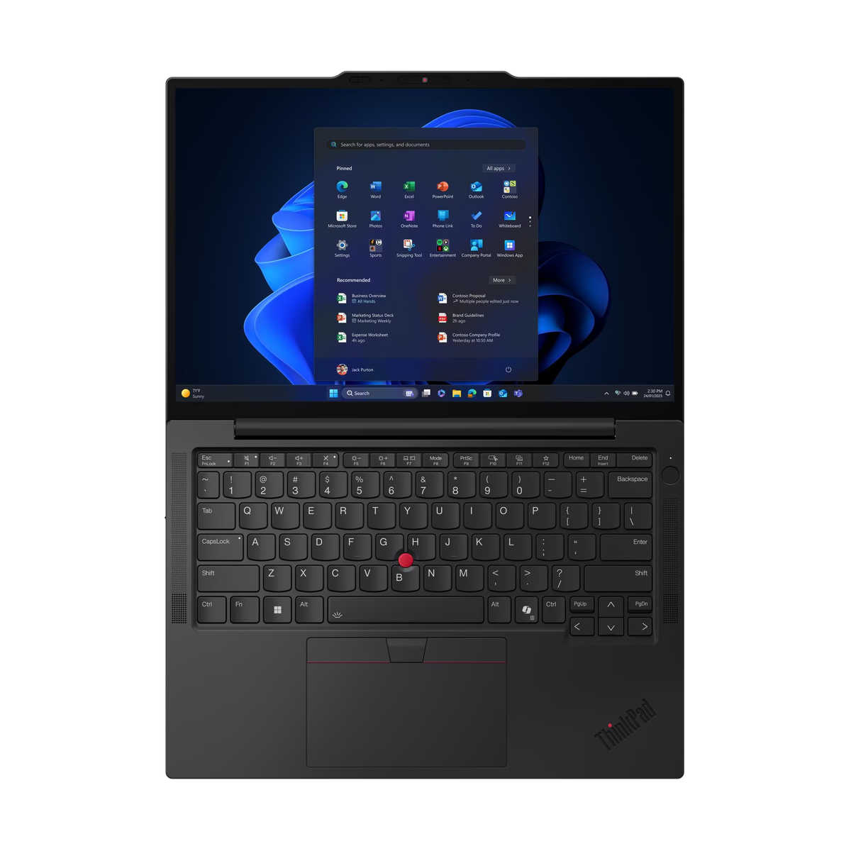 Un portátil abierto mostrando el menú de inicio de Windows 11 y el teclado.