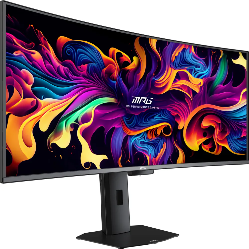 Un monitor gaming MSI curvo con uno sfondo astratto e colorato.