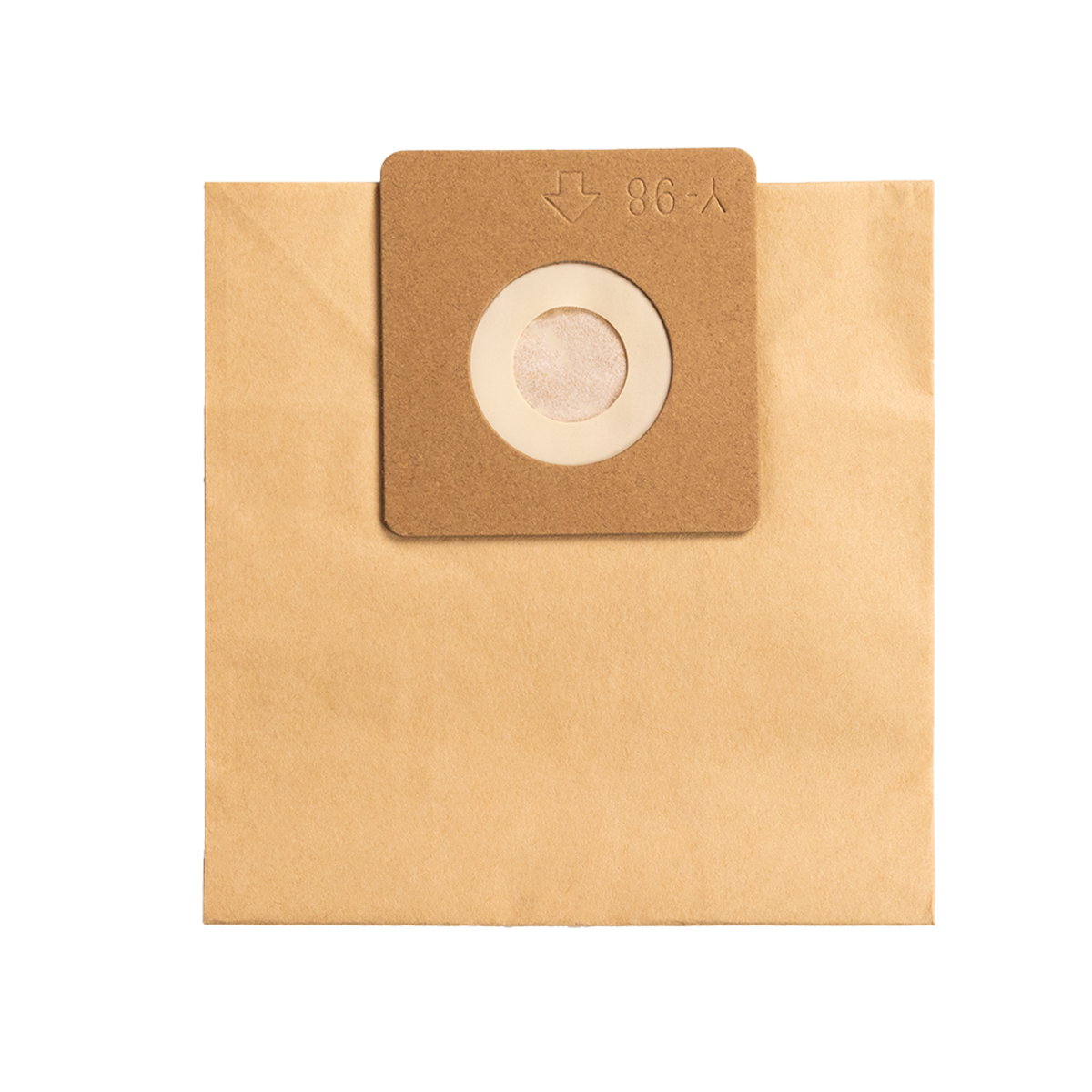 Una bolsa de papel marrón para polvo con abertura circular y marca Y-98-A.