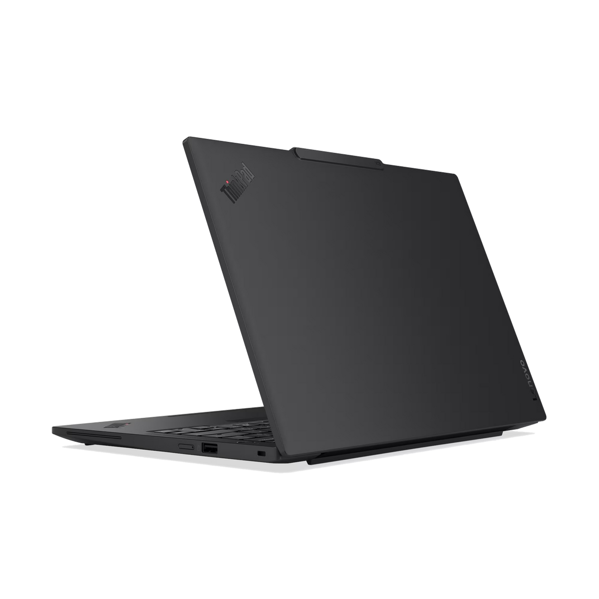 Laptop Lenovo ThinkPad nero, mostrato da dietro a sinistra, aperto.