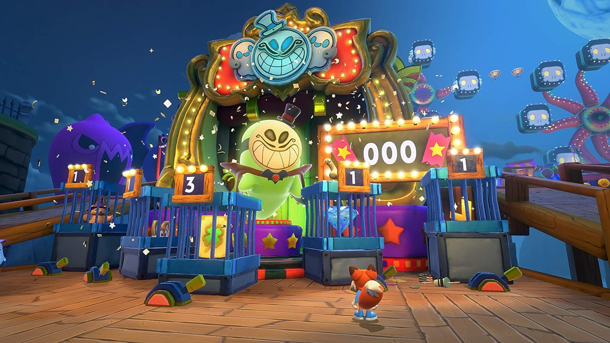 Un personaggio volpe davanti a un gioco da luna park con fantasmi e premi.