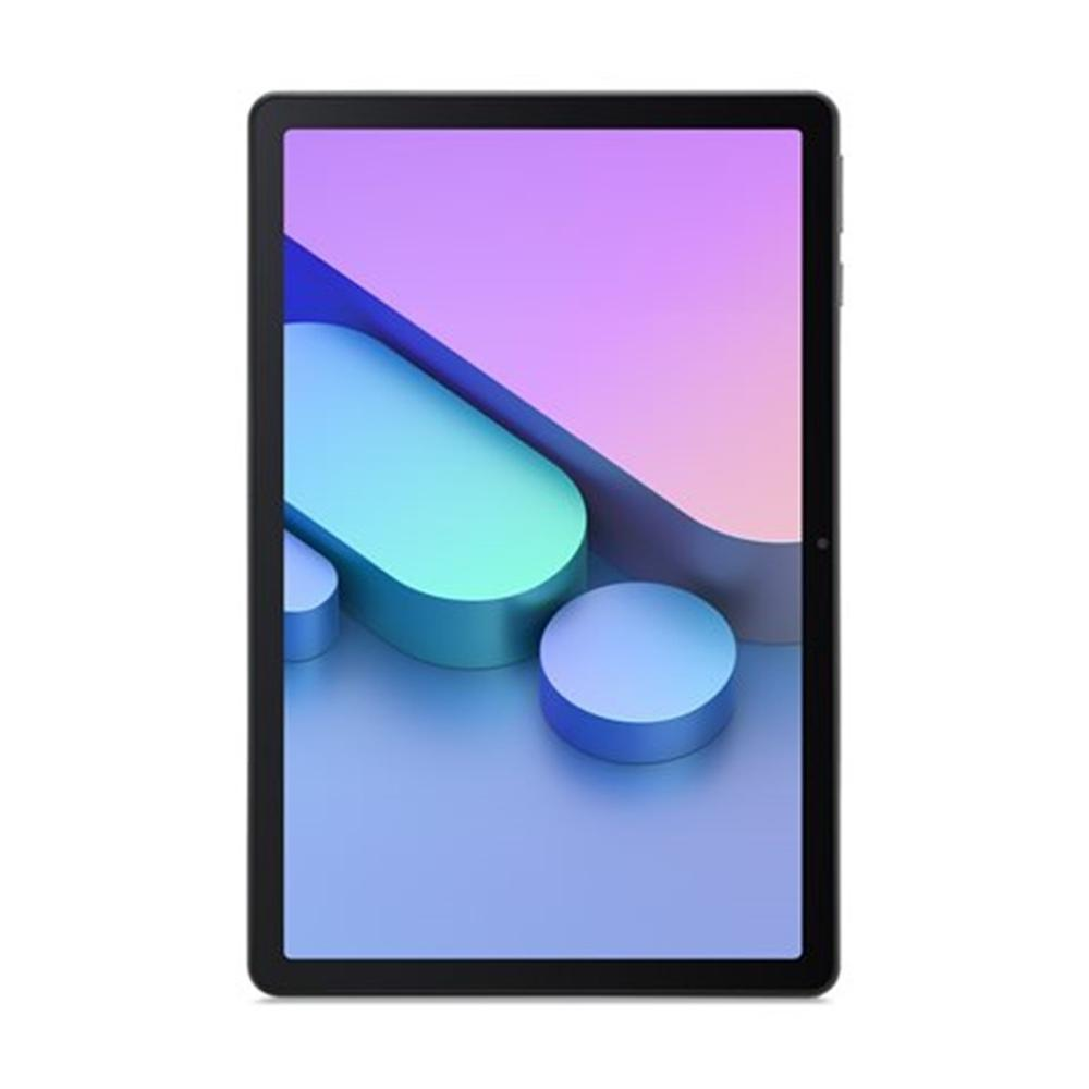 Un tablet nero con uno sfondo colorato e forme geometriche.