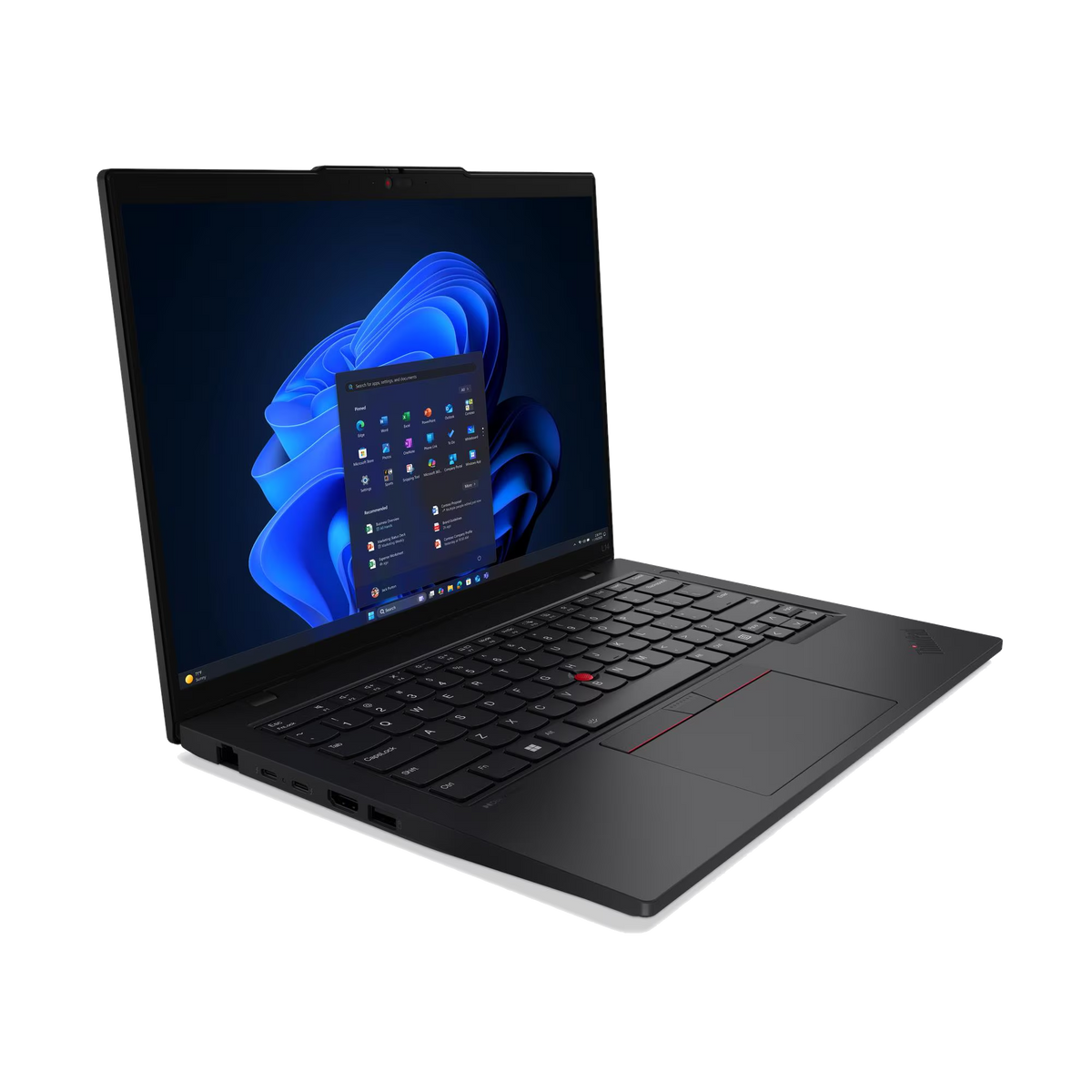 Un portátil negro con la pantalla abierta, mostrando un gráfico de fondo azul.