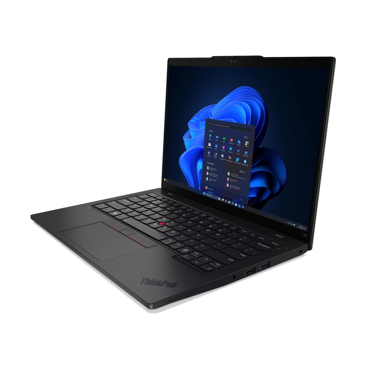 Portátil negro con teclado retroiluminado y fondo de pantalla azul.