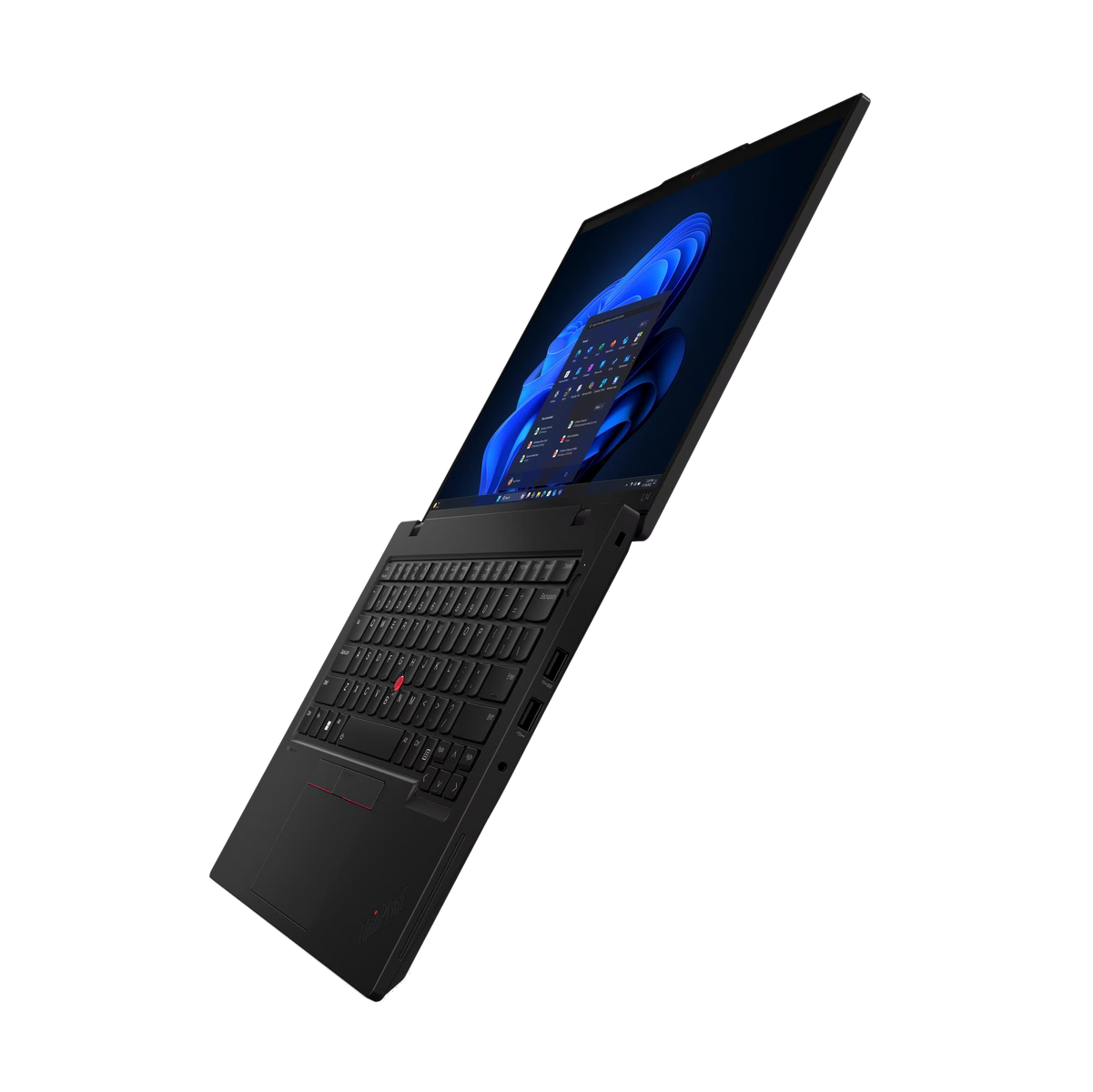 Un portátil negro con pantalla abierta mostrando el logo de Windows 11.
