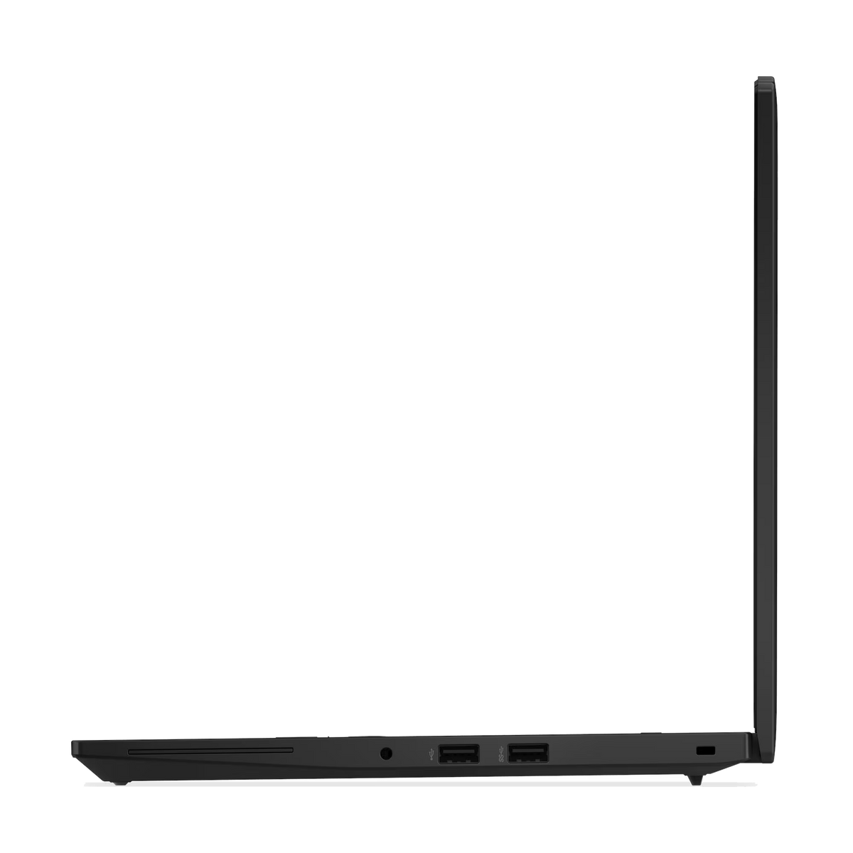 Portátil negro en perfil lateral, con puertos USB y ranura para tarjeta SD.